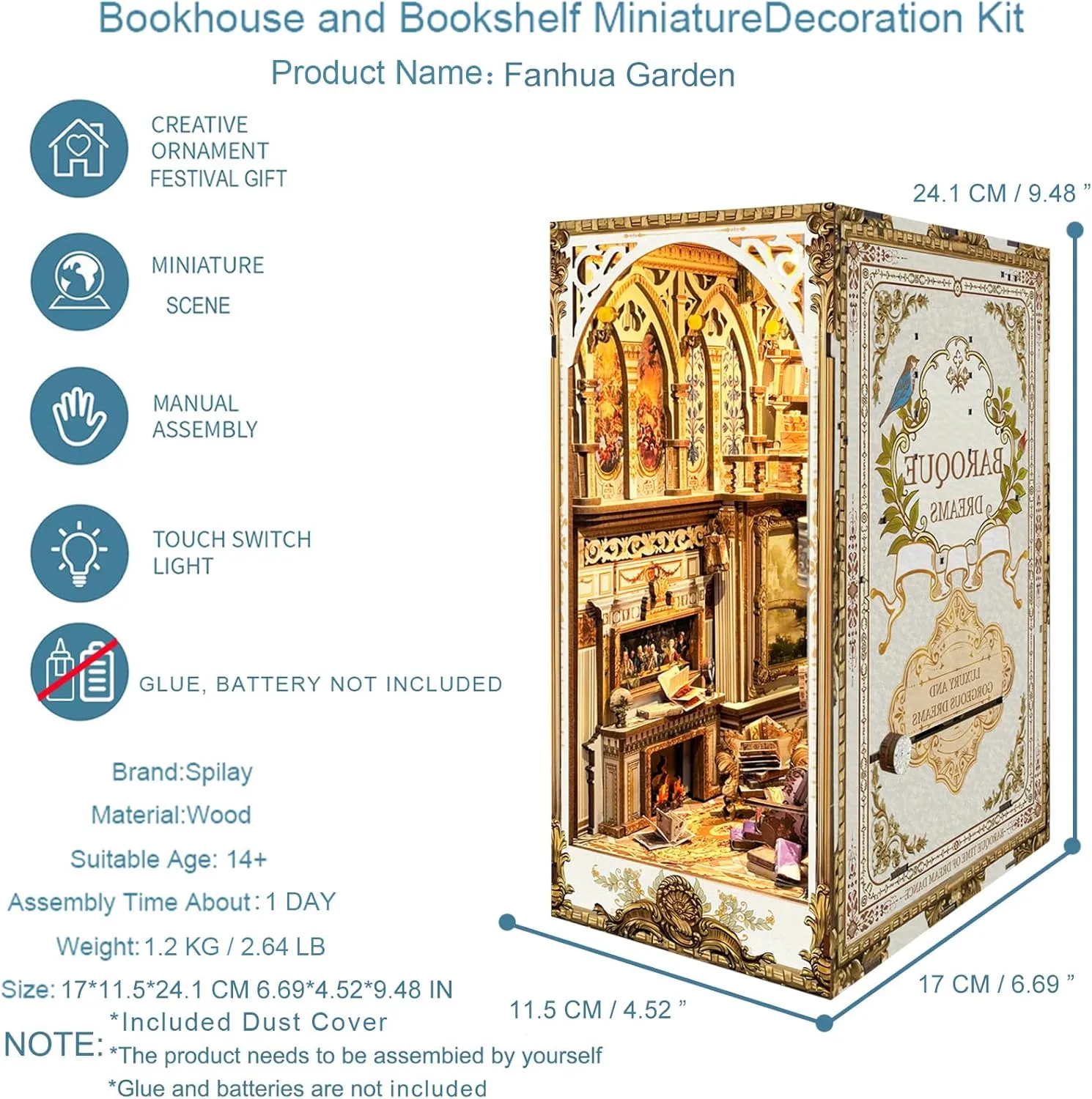 Spilay DIY Book Nook Kit,DIY Dollhouse Booknook Bookshelf Insert Decor Alley,Bookends Model Build kit with LED Light,Handmade Crafts Gifts for Birthday Christmas and Valentine's Day-（Fanhua Garden）
