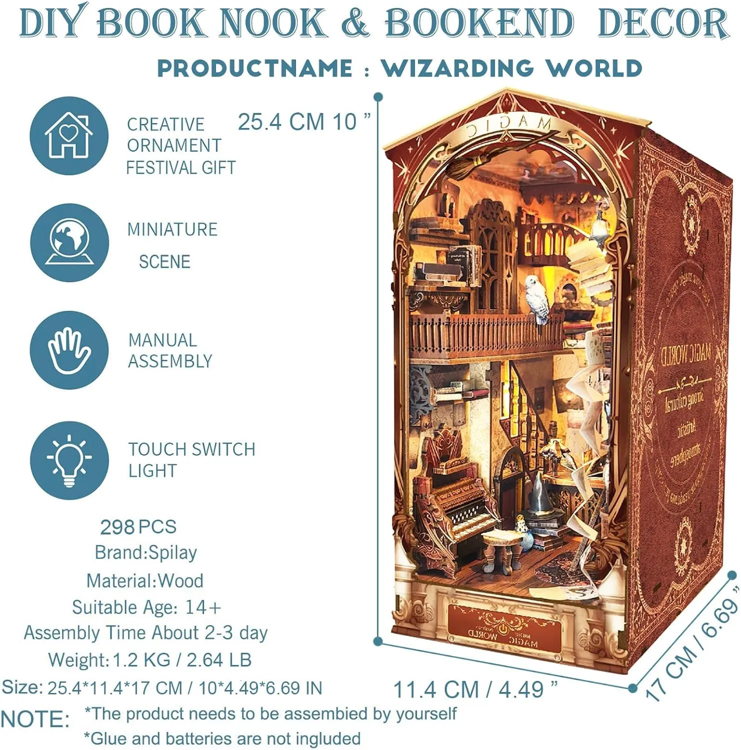 Spilay DIY Book Nook Kit,DIY Dollhouse Booknook Bookshelf Insert Decor Alley,Bookends Model Build kit,Handmade Crafts Gifts for Birthday Christmas and Valentine's Day (Wizarding World with LED)