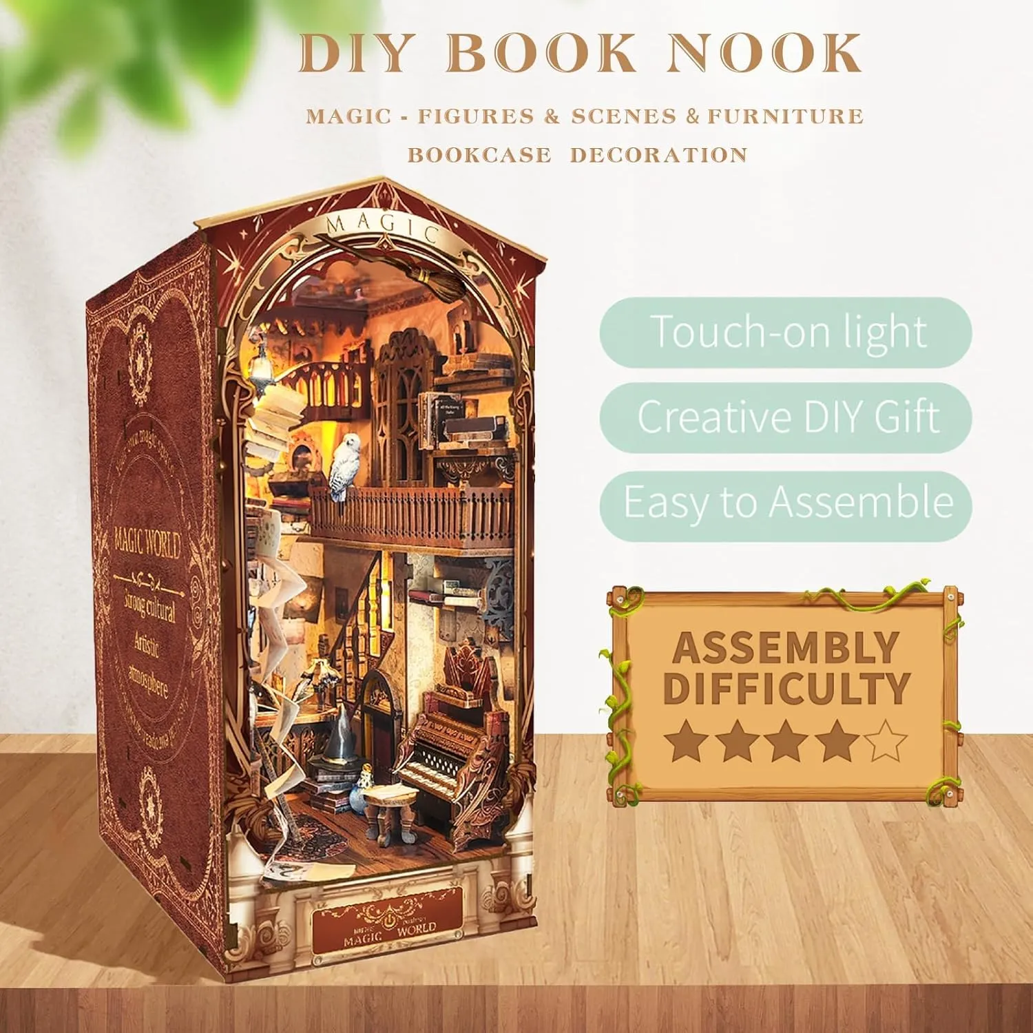 Spilay DIY Book Nook Kit,DIY Dollhouse Booknook Bookshelf Insert Decor Alley,Bookends Model Build kit,Handmade Crafts Gifts for Birthday Christmas and Valentine's Day (Wizarding World with LED)