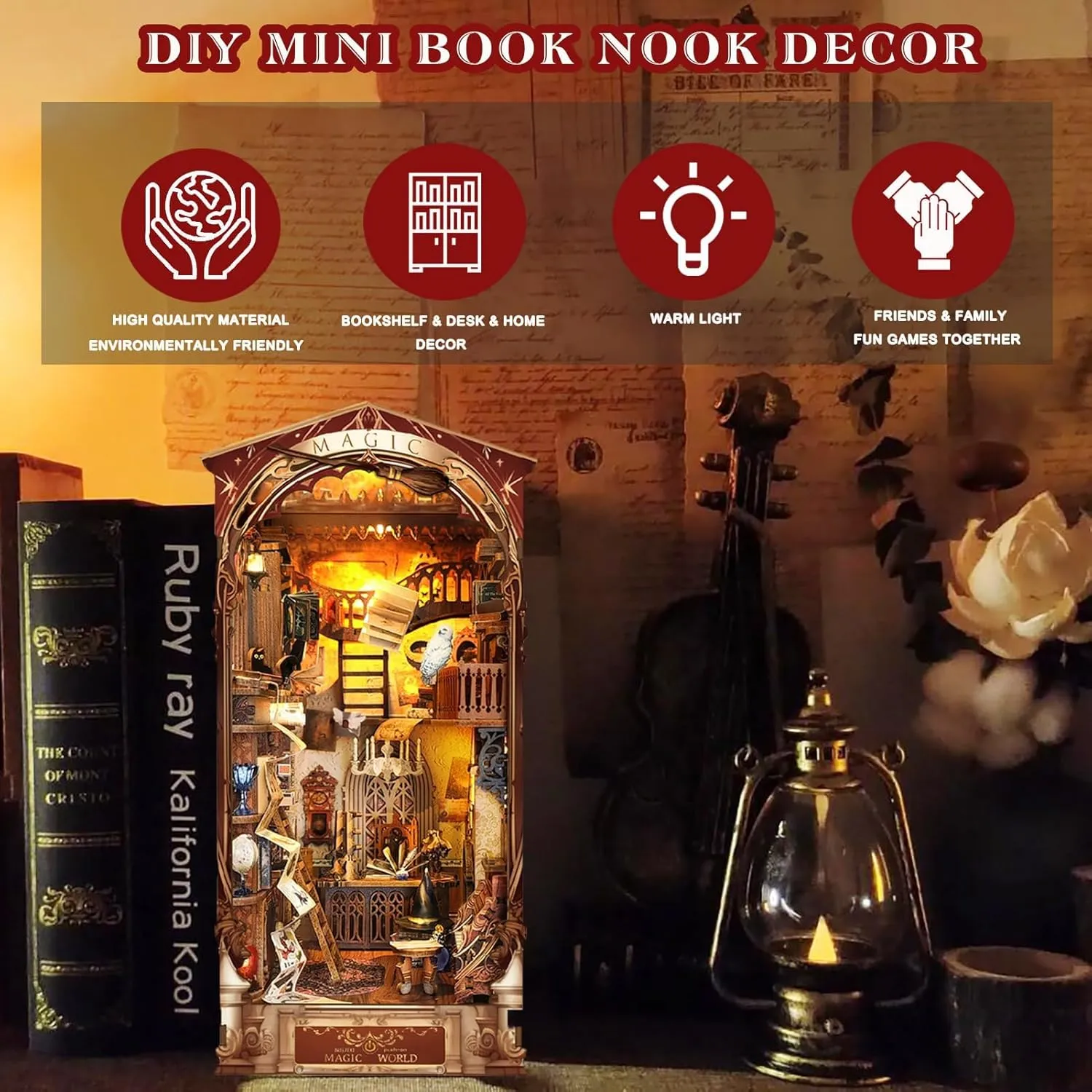 Spilay DIY Book Nook Kit,DIY Dollhouse Booknook Bookshelf Insert Decor Alley,Bookends Model Build kit,Handmade Crafts Gifts for Birthday Christmas and Valentine's Day (Wizarding World with LED)