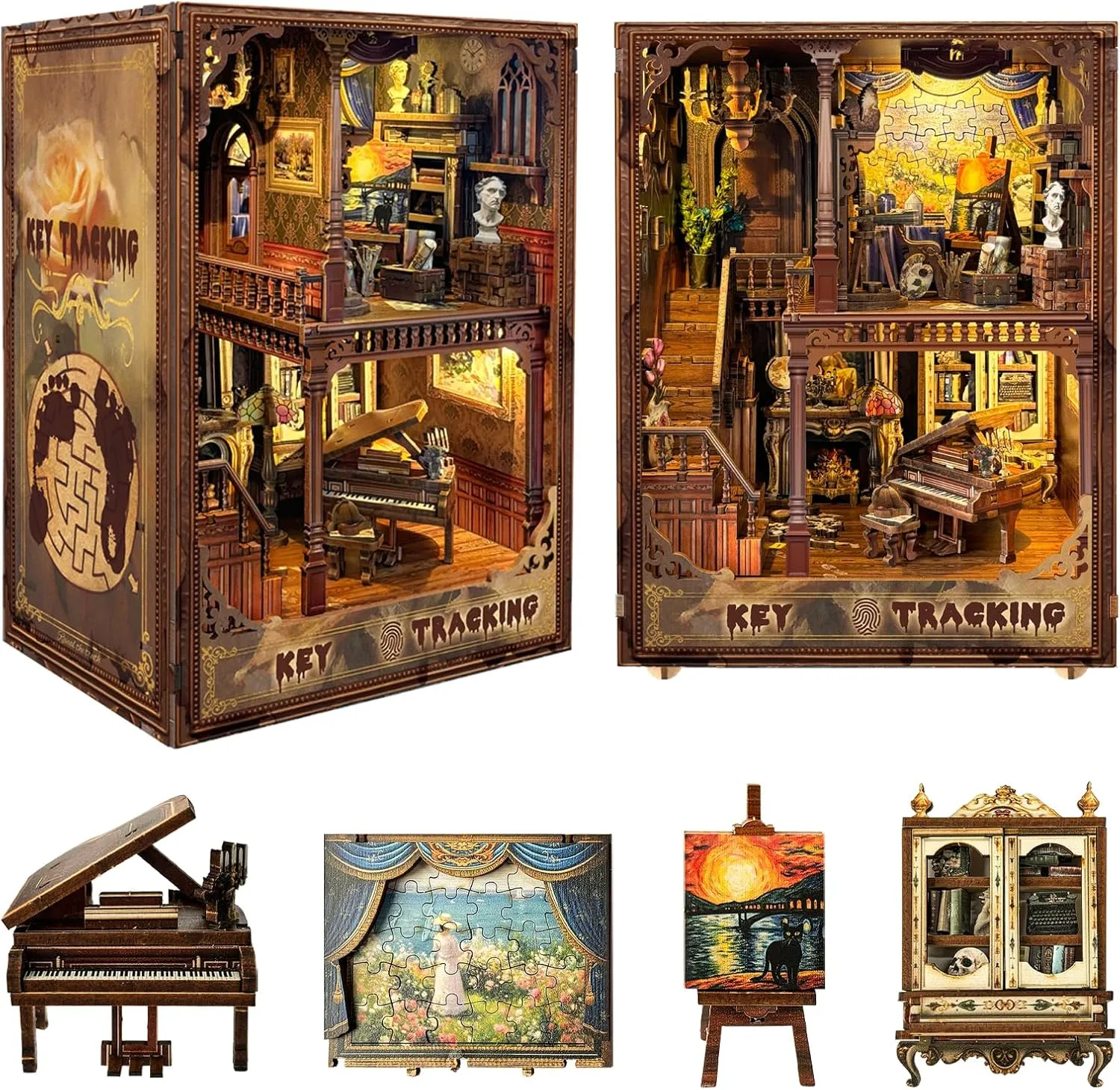 Spilay DIY Book Nook Kit,DIY Dollhouse Booknook Bookshelf Insert Decor Alley,Bookends Model Build kit,Handmade Crafts Gifts for Birthday Valentine's Day (Trace of The Key with Dust Cover)