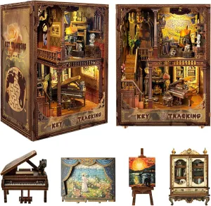 Spilay DIY Book Nook Kit,DIY Dollhouse Booknook Bookshelf Insert Decor Alley,Bookends Model Build kit,Handmade Crafts Gifts for Birthday Valentine's Day (Trace of The Key with Dust Cover)