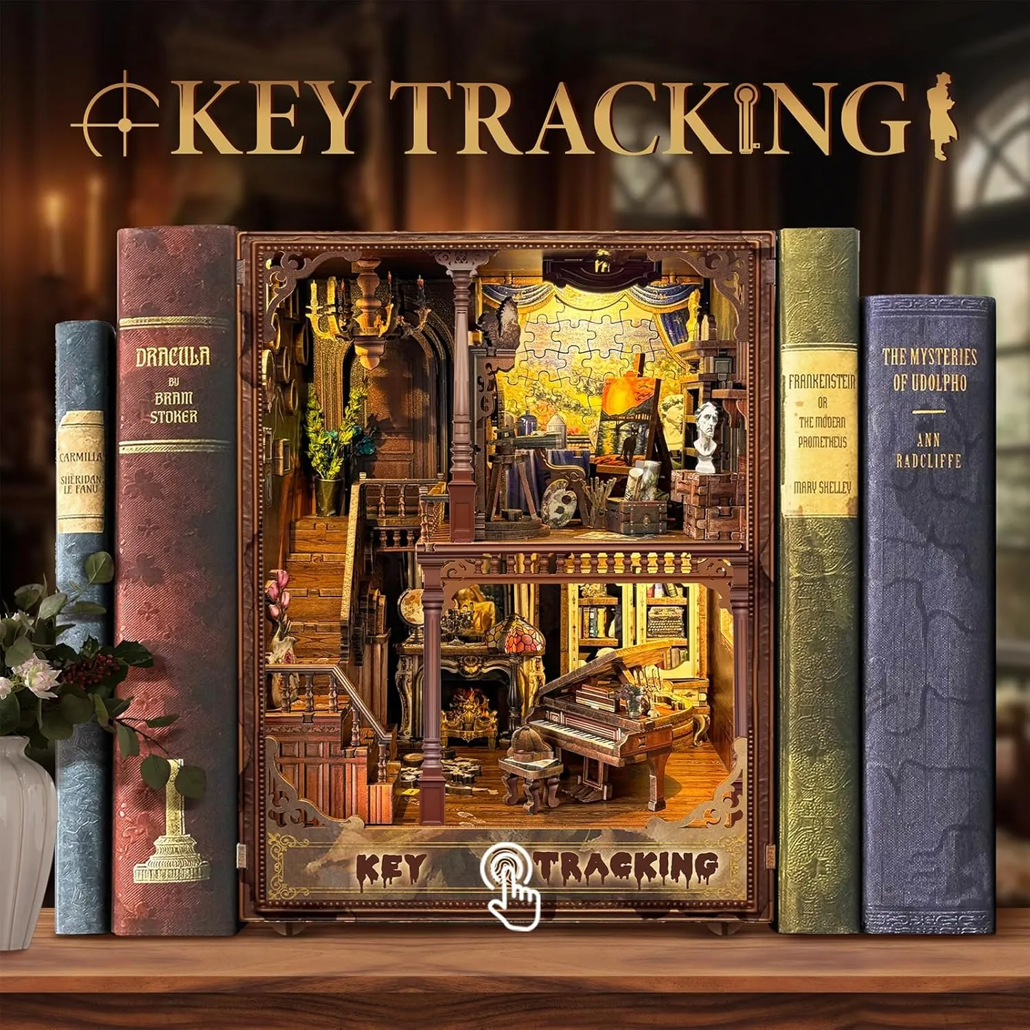 Spilay DIY Book Nook Kit,DIY Dollhouse Booknook Bookshelf Insert Decor Alley,Bookends Model Build kit,Handmade Crafts Gifts for Birthday Valentine's Day (Trace of The Key with Dust Cover)