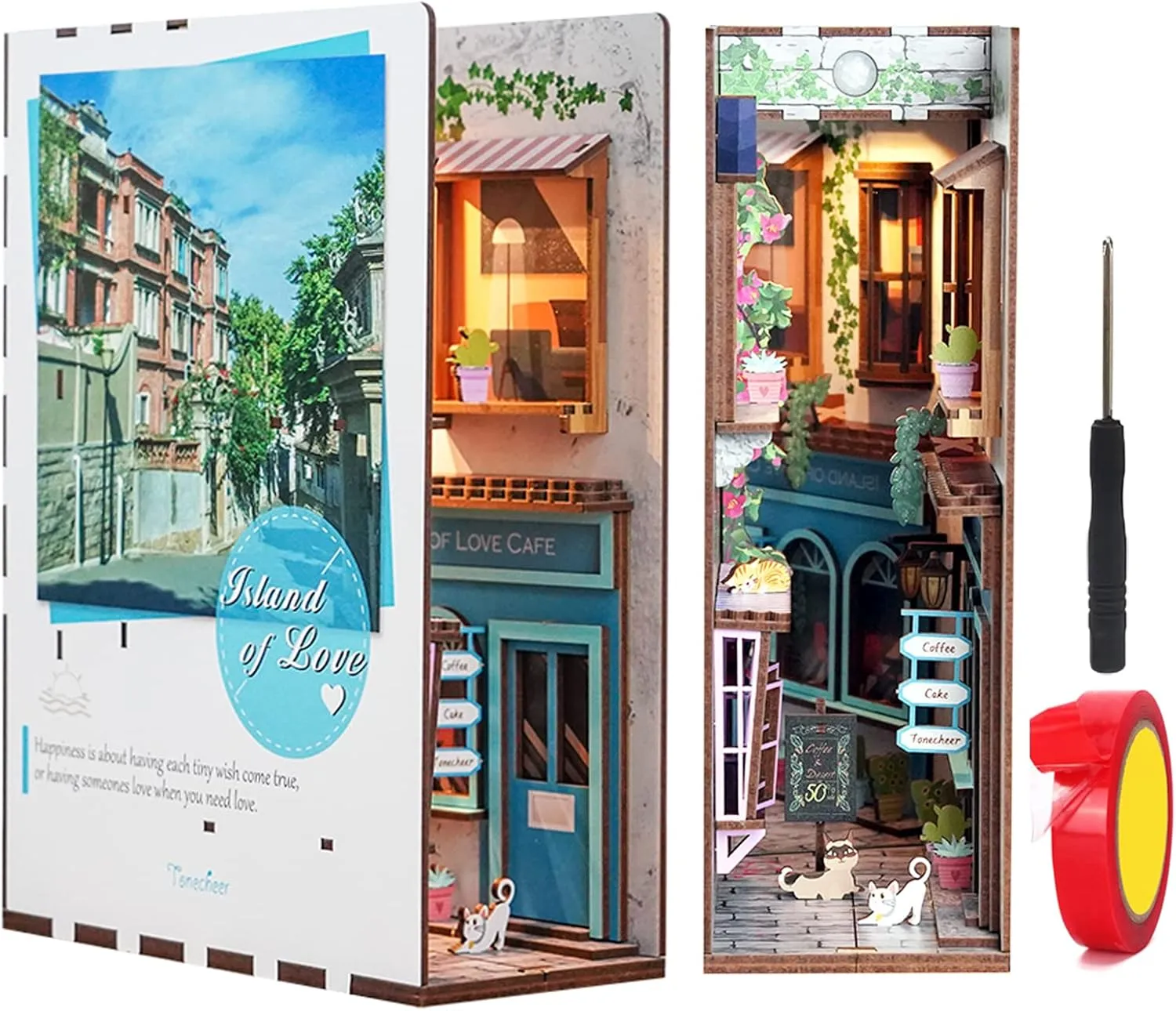 Spilay DIY Dollhouse Miniature Book Nook Assemble Kit,3D Wooden Puzzle Bookshelf Insert Decor with Sensor Light,Bookends Model Build-Creativity Kit for Adults Women Birthday Gift (Island of Love)