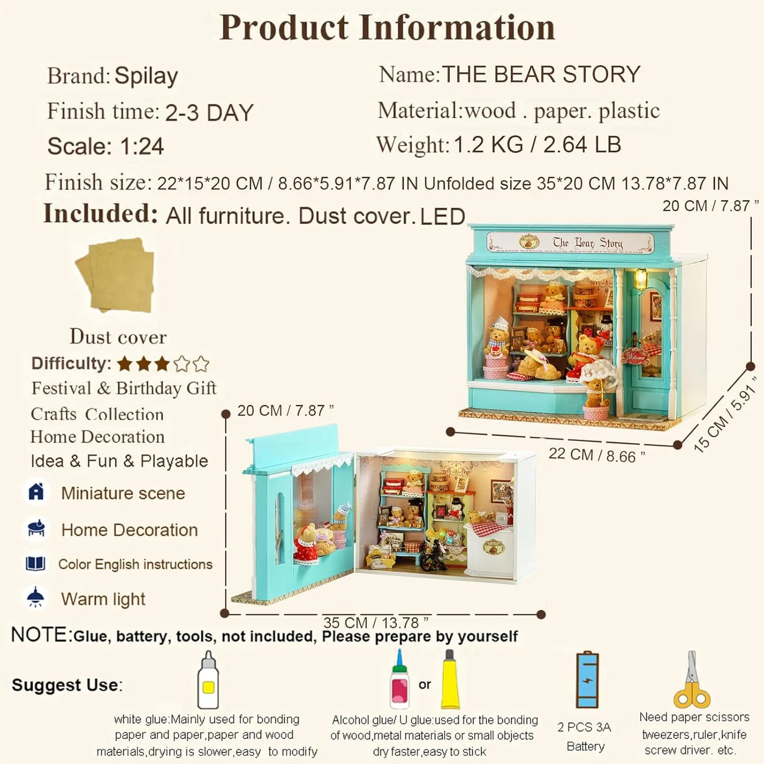 Spilay DIY Miniature Dollhouse Kit with Wooden Furniture, Dust Cover, and LED DIY Dollhouse Kit, Handmade Crafts, Birthday, Christmas, and Valentine's Day Gifts