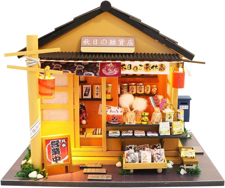 Spilay DIY Miniature Dollhouse Kit with Wooden Furniture,Handmade Japanese Style DIY Dollhouse Kit with Dust Cover & LED,1:24 Scale Creative Room Gift Idea for Adult Teenager Lover(Grocery Store)
