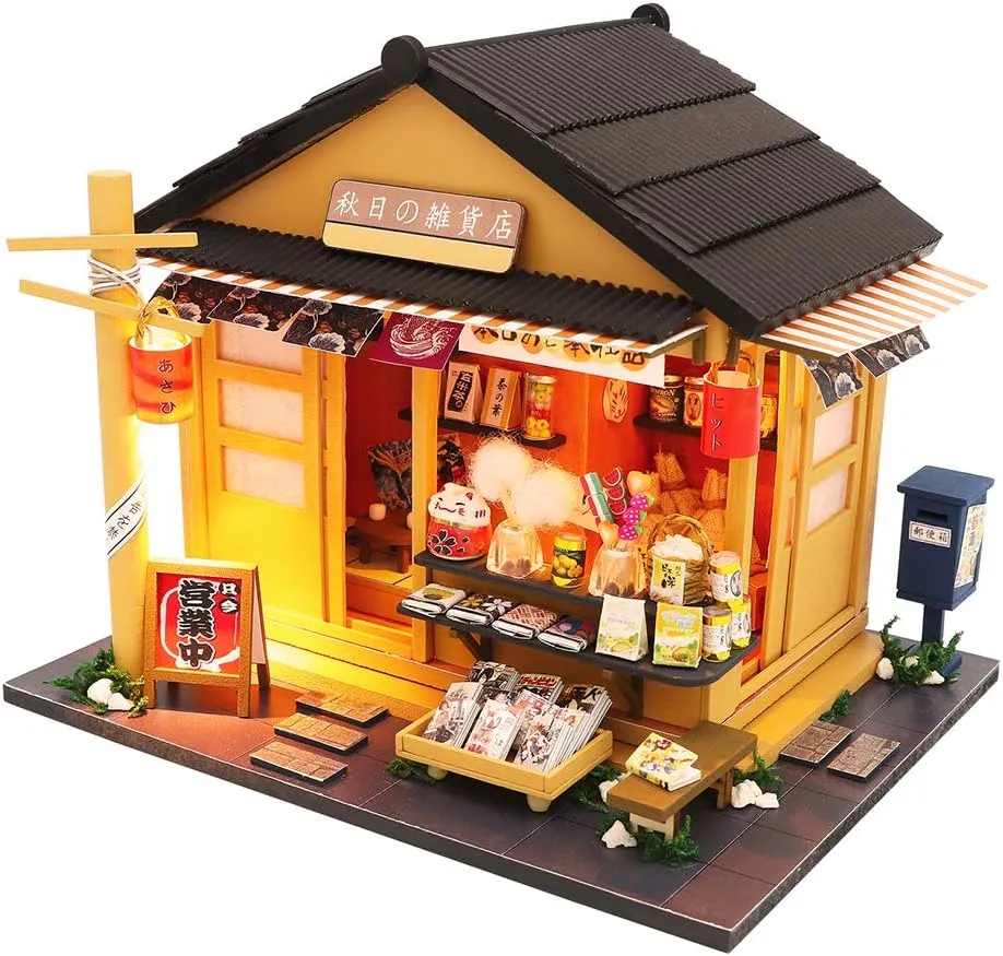 Spilay DIY Miniature Dollhouse Kit with Wooden Furniture,Handmade Japanese Style DIY Dollhouse Kit with Dust Cover & LED,1:24 Scale Creative Room Gift Idea for Adult Teenager Lover(Grocery Store)