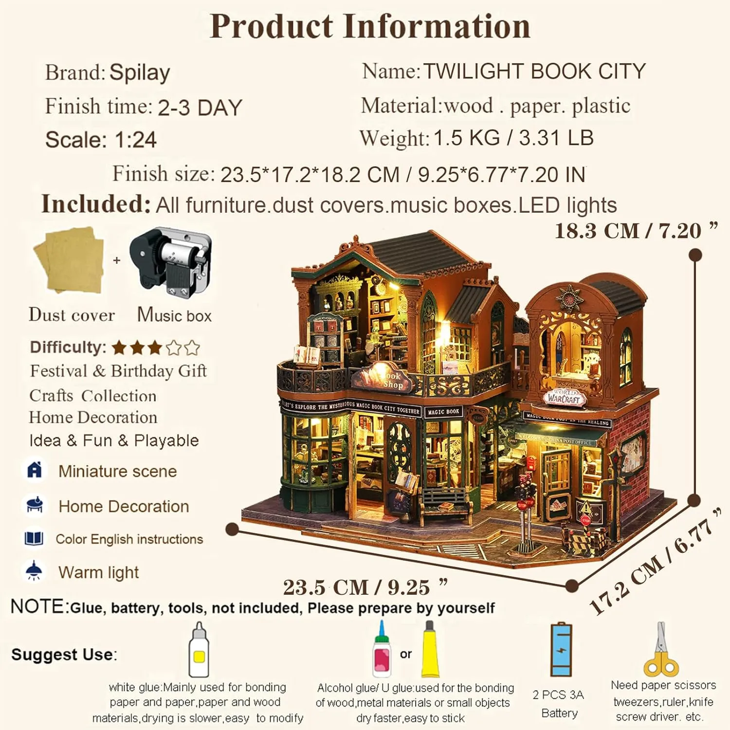 Spilay DIY Miniature Dollhouse Set with Wooden Furniture and LED Music Box dust Cover DIY Dollhouse Set, Handmade Craft Gifts for Birthdays, Christmas and Valentine's Day-(Twilight Book City) ES017