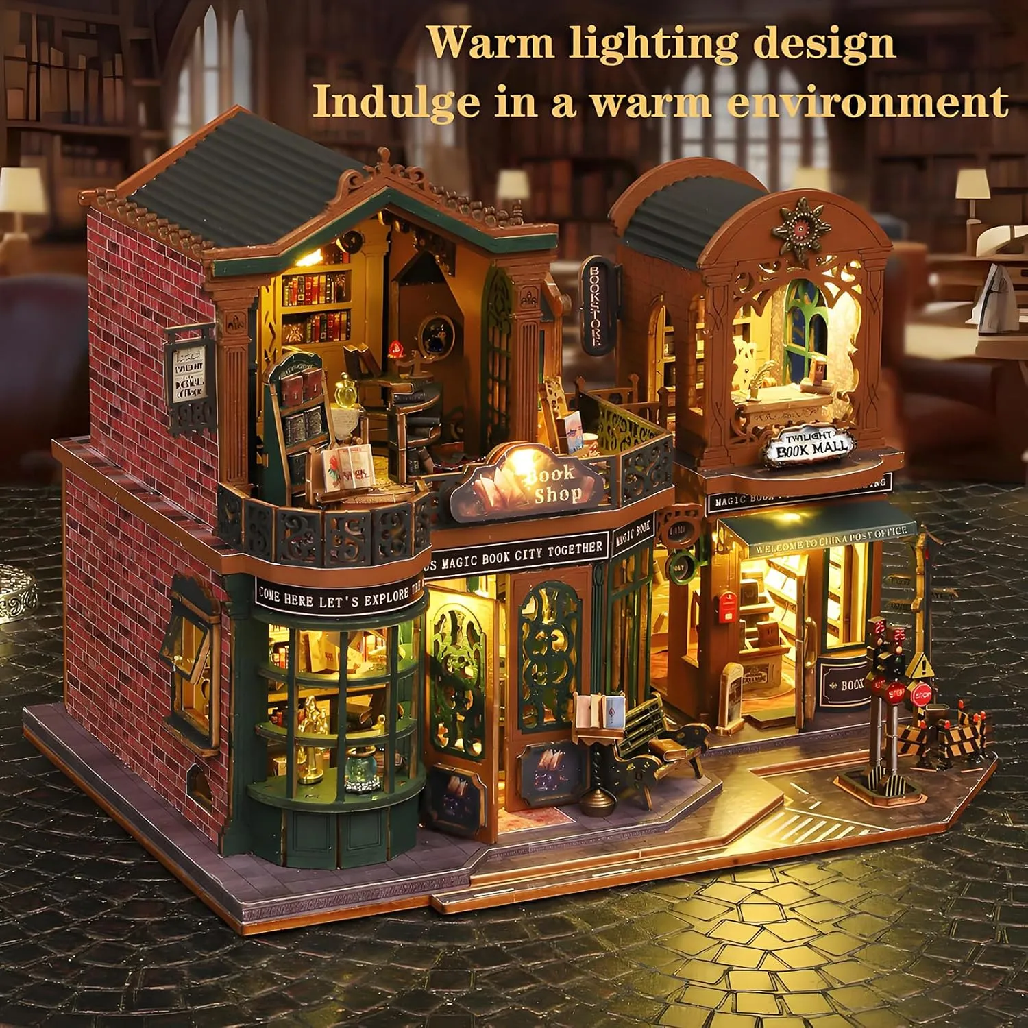 Spilay DIY Miniature Dollhouse Set with Wooden Furniture and LED Music Box dust Cover DIY Dollhouse Set, Handmade Craft Gifts for Birthdays, Christmas and Valentine's Day-(Twilight Book City) ES017