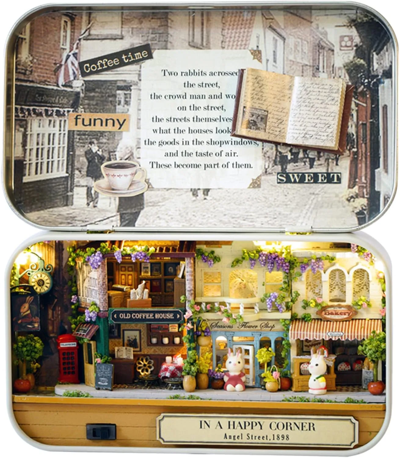 Spilay DIY Miniature Dollhouse Wooden Furniture Kit,Handmade Mini Iron Box Theater Model,1:24 Scale Creative Doll House Toys for Lovers (in A Happy Corner) Q05
