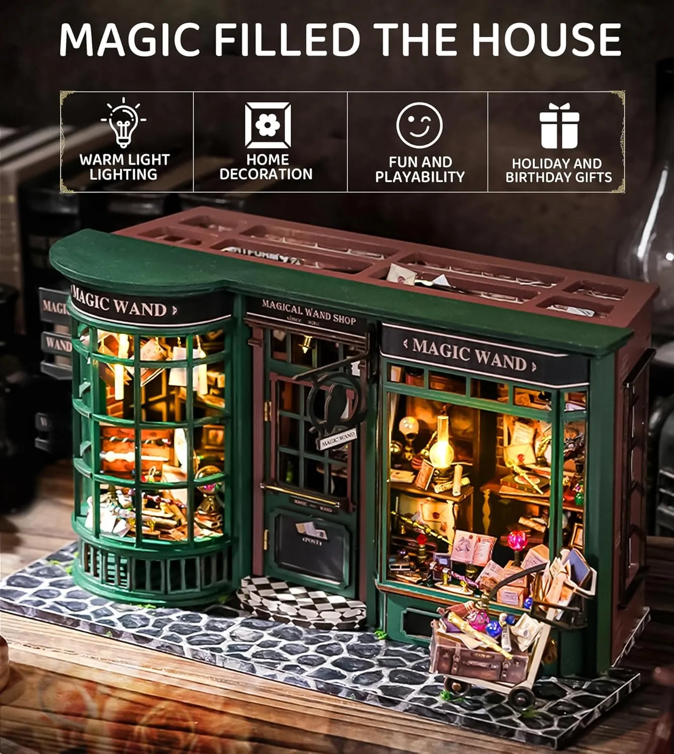 Spilay DIY Miniature Dollhouse Wooden Furniture Kit,Handmade Mini Modern Model Plus with Dust Cover & LED,1:24 Scale Creative Doll House for Lover Friend Gift (Magic House)