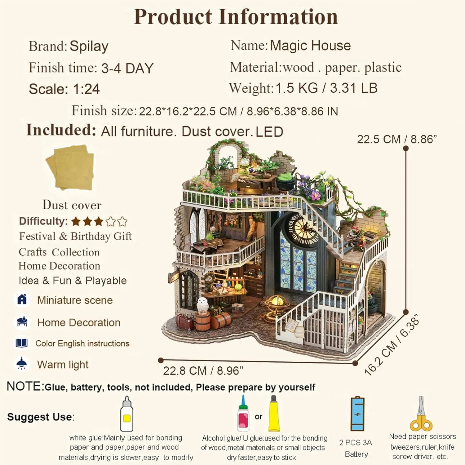 Spilay DIY Miniature Dollhouse Wooden Furniture Kit,Handmade Mini Modern Model Plus with Dust Cover,1:24 Scale Creative Doll House for Lover Friend Gift (Magic House-LV003)