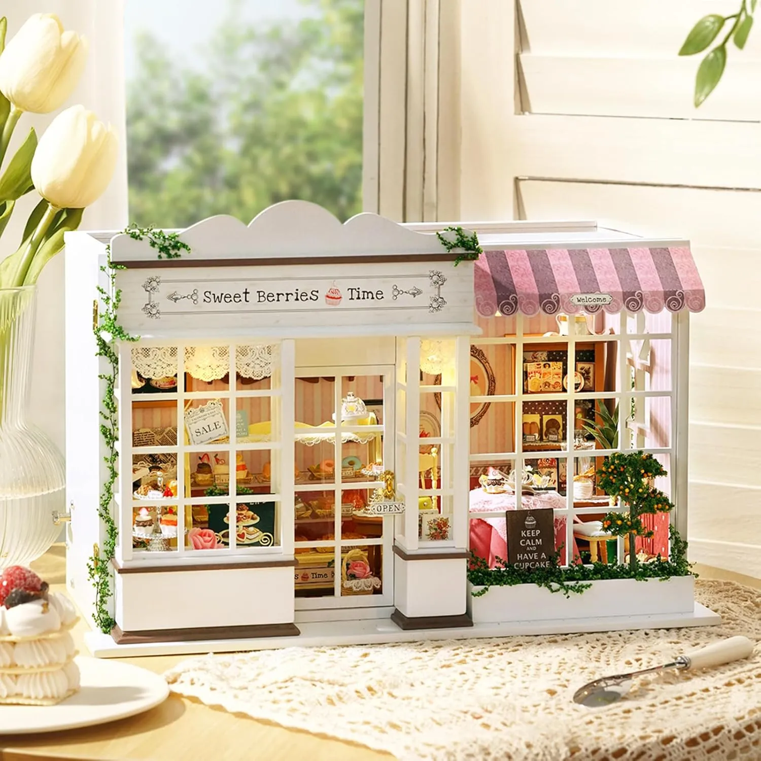 Spilay Dollhouse DIY Miniature Wooden Furniture Kit,Mini Handmade Big Castle Model,1:24 Scale Creative Doll House Toys for Adult Gift (Sweet Berry Time with Dust Cover Music Box)
