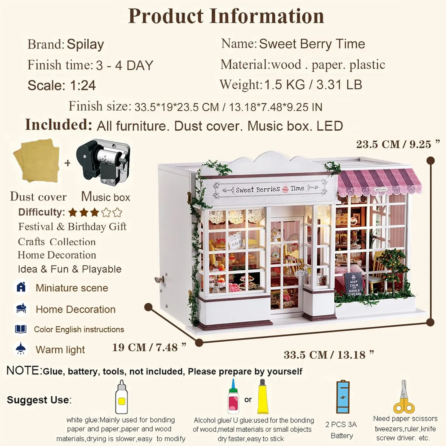 Spilay Dollhouse DIY Miniature Wooden Furniture Kit,Mini Handmade Big Castle Model,1:24 Scale Creative Doll House Toys for Adult Gift (Sweet Berry Time with Dust Cover Music Box)