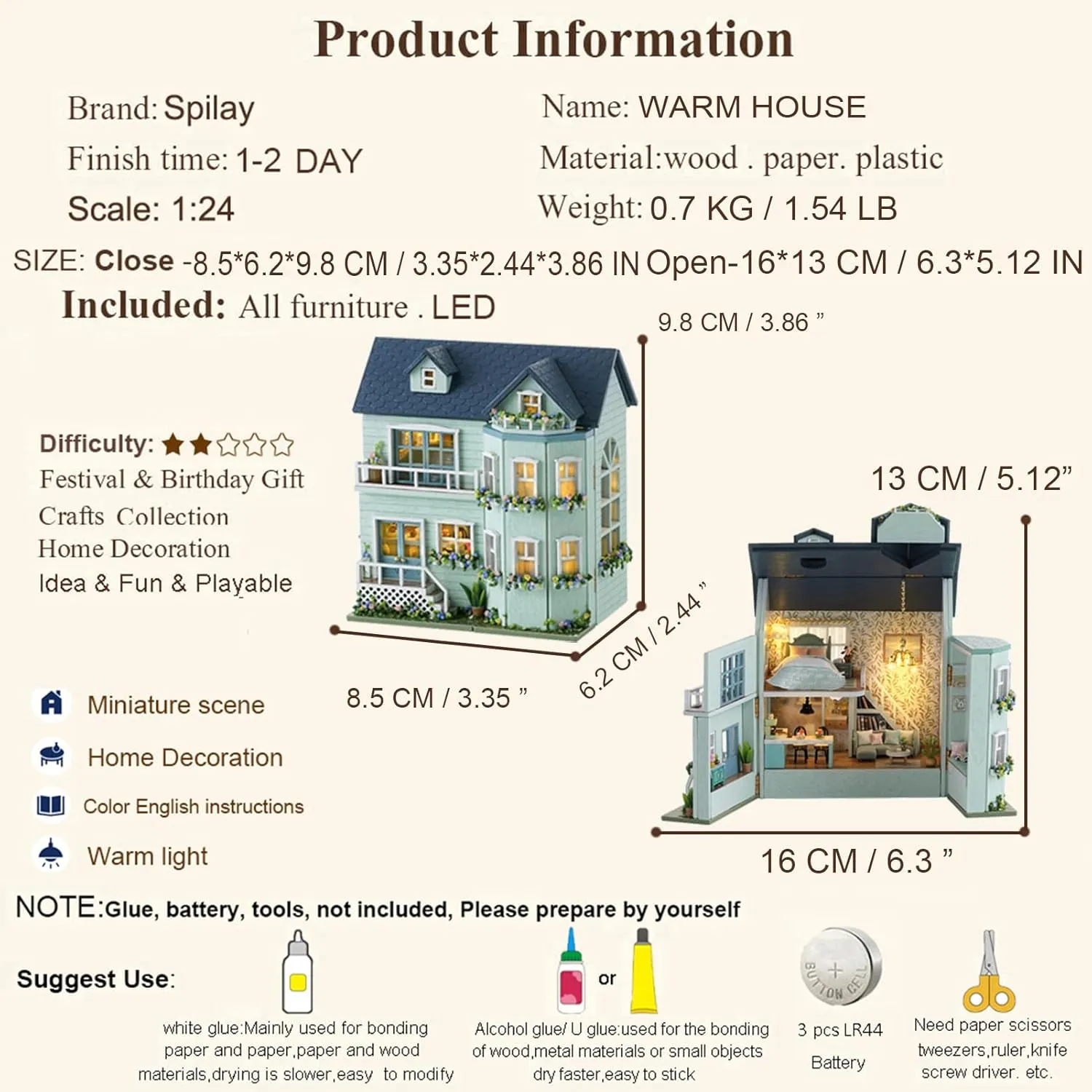 Spilay Dollhouse DIY Miniature Wooden Furniture Kit,Mini Handmade Doll House with LED,1:24 Scale Creative Woodcrafts Toys for Adult Friend Lover Birthday Gift (D-005)