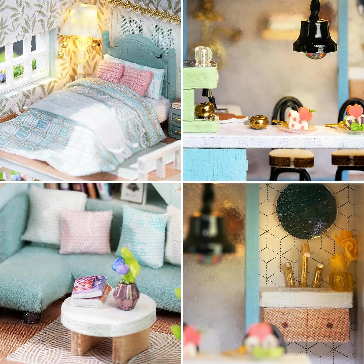Spilay Dollhouse DIY Miniature Wooden Furniture Kit,Mini Handmade Doll House with LED,1:24 Scale Creative Woodcrafts Toys for Adult Friend Lover Birthday Gift (D-005)
