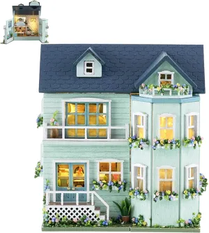 Spilay Dollhouse DIY Miniature Wooden Furniture Kit,Mini Handmade Doll House with LED,1:24 Scale Creative Woodcrafts Toys for Adult Friend Lover Birthday Gift (D-005)