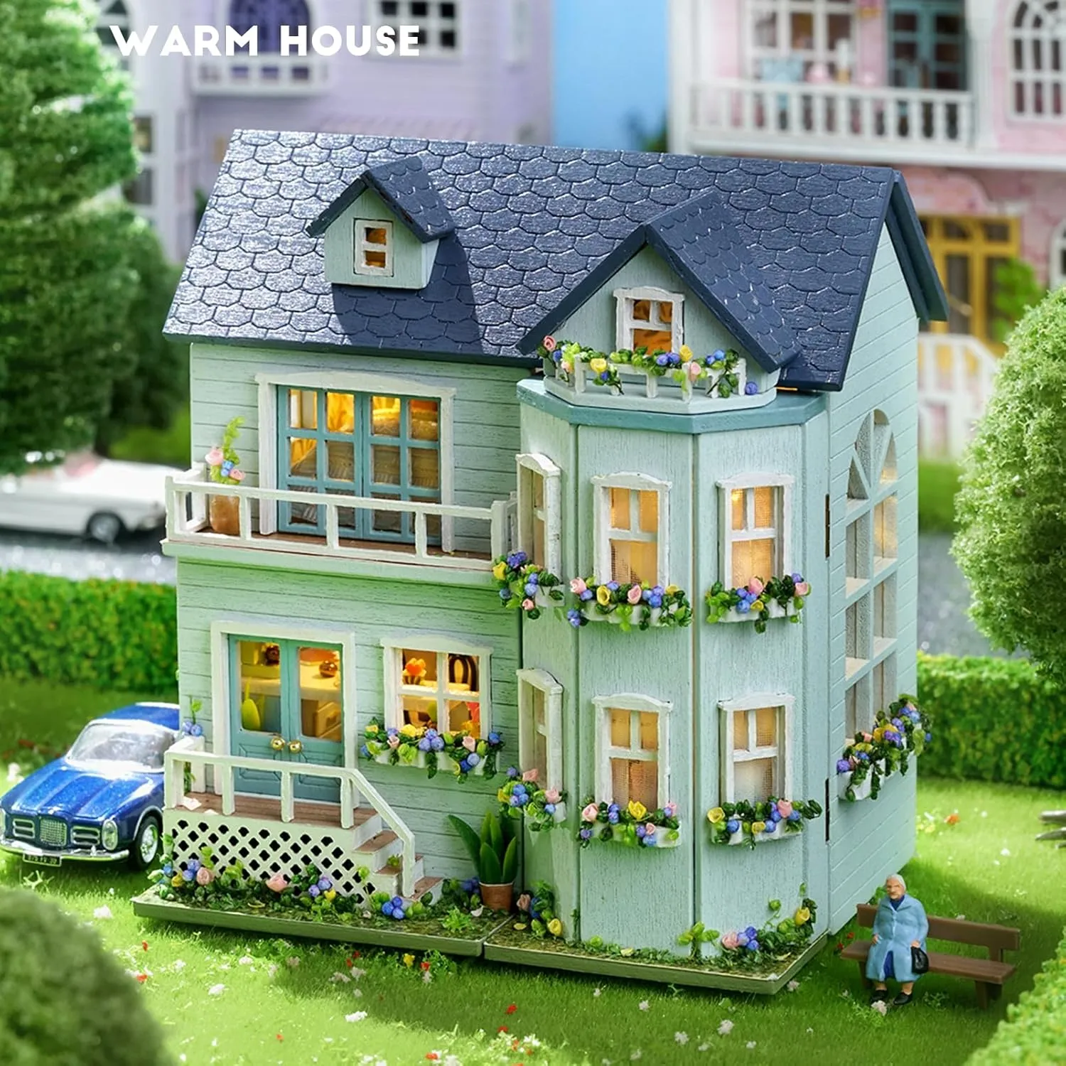 Spilay Dollhouse DIY Miniature Wooden Furniture Kit,Mini Handmade Doll House with LED,1:24 Scale Creative Woodcrafts Toys for Adult Friend Lover Birthday Gift (D-005)