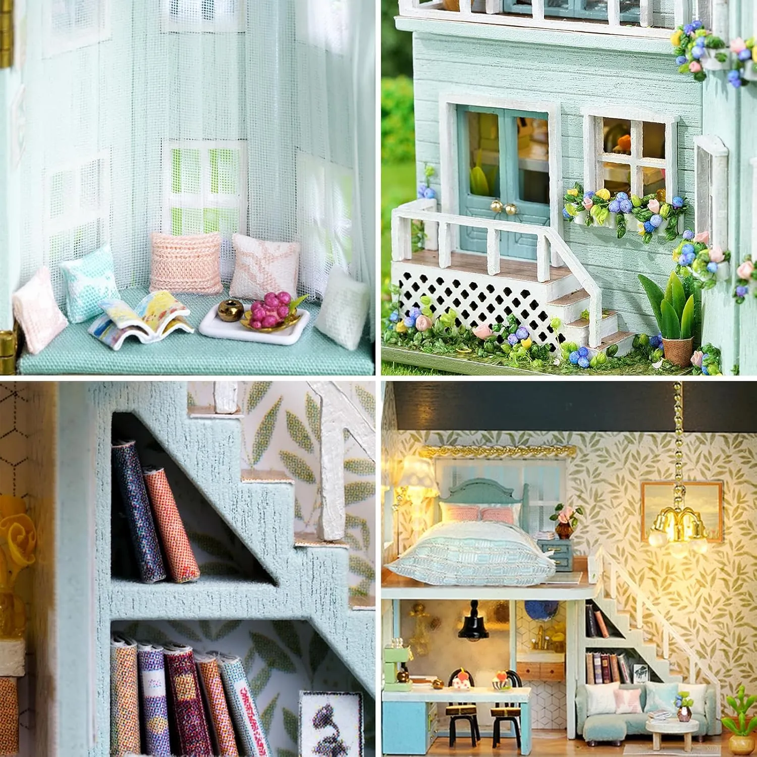 Spilay Dollhouse DIY Miniature Wooden Furniture Kit,Mini Handmade Doll House with LED,1:24 Scale Creative Woodcrafts Toys for Adult Friend Lover Birthday Gift (D-005)