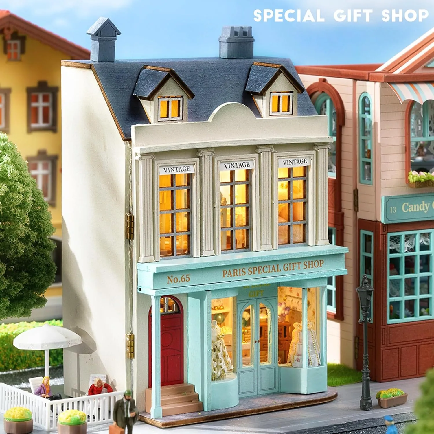 Spilay Dollhouse DIY Miniature Wooden Furniture Kit,Mini Handmade Doll House with LED,1:24 Scale Creative Woodcrafts Toys for Adult Friend Lover Birthday Gift (D-065)