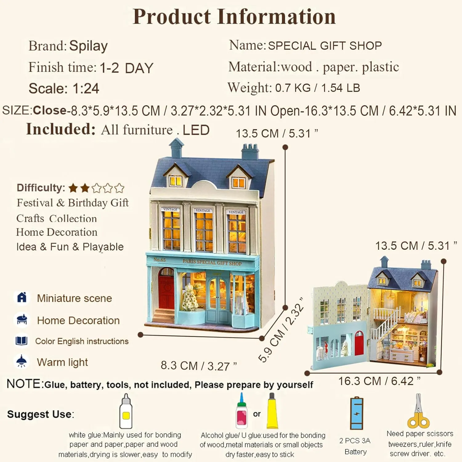 Spilay Dollhouse DIY Miniature Wooden Furniture Kit,Mini Handmade Doll House with LED,1:24 Scale Creative Woodcrafts Toys for Adult Friend Lover Birthday Gift (D-065)