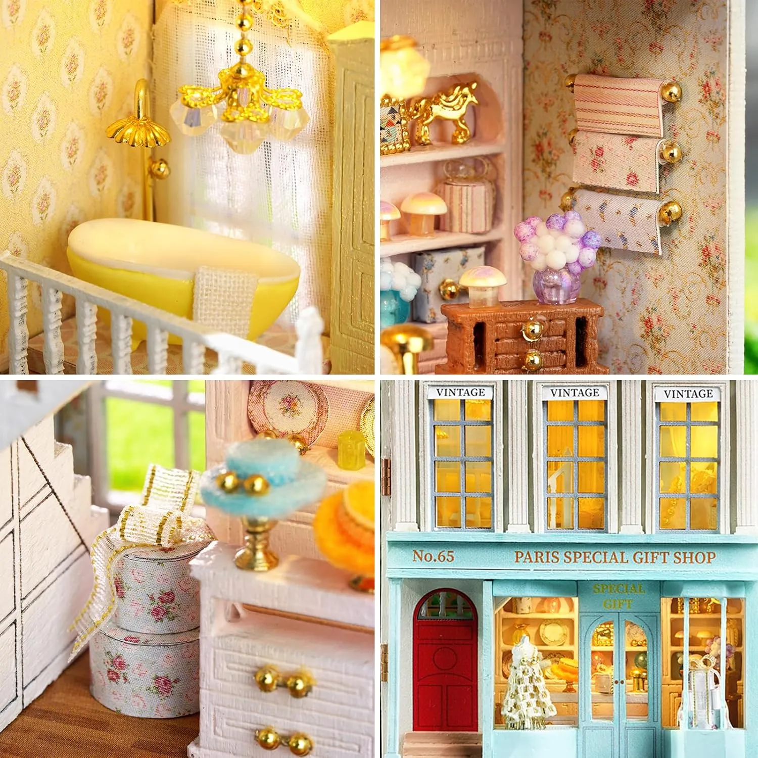 Spilay Dollhouse DIY Miniature Wooden Furniture Kit,Mini Handmade Doll House with LED,1:24 Scale Creative Woodcrafts Toys for Adult Friend Lover Birthday Gift (D-065)