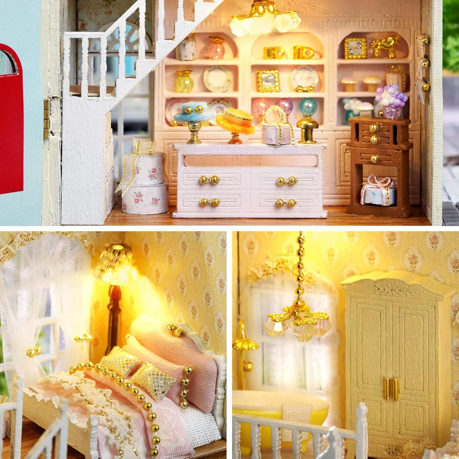 Spilay Dollhouse DIY Miniature Wooden Furniture Kit,Mini Handmade Doll House with LED,1:24 Scale Creative Woodcrafts Toys for Adult Friend Lover Birthday Gift (D-065)