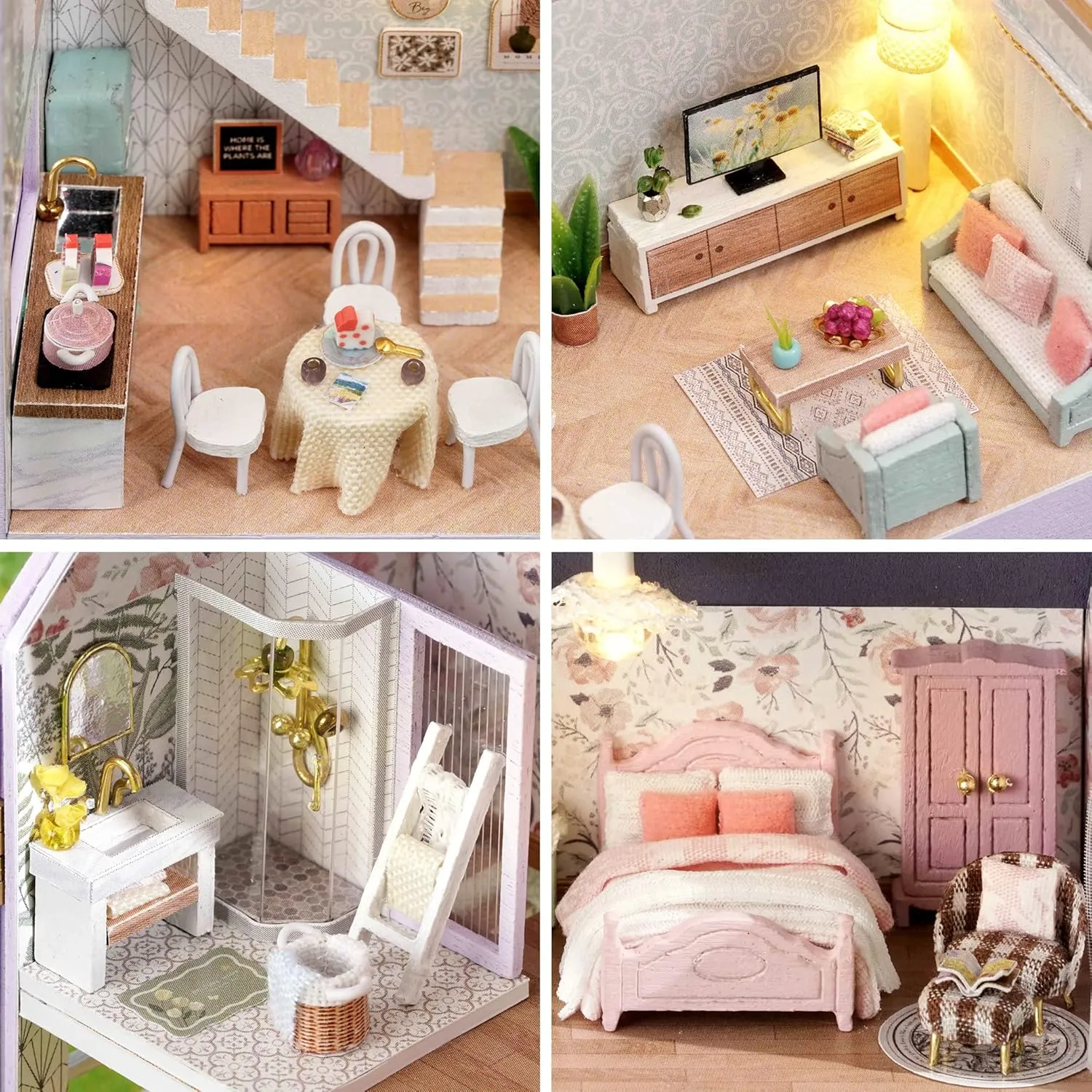 Spilay Dollhouse DIY Miniature Wooden Furniture Kit,Mini Handmade Doll House with LED,1:24 Scale Creative Woodcrafts Toys for Adult Friend Lover Birthday Gift D32