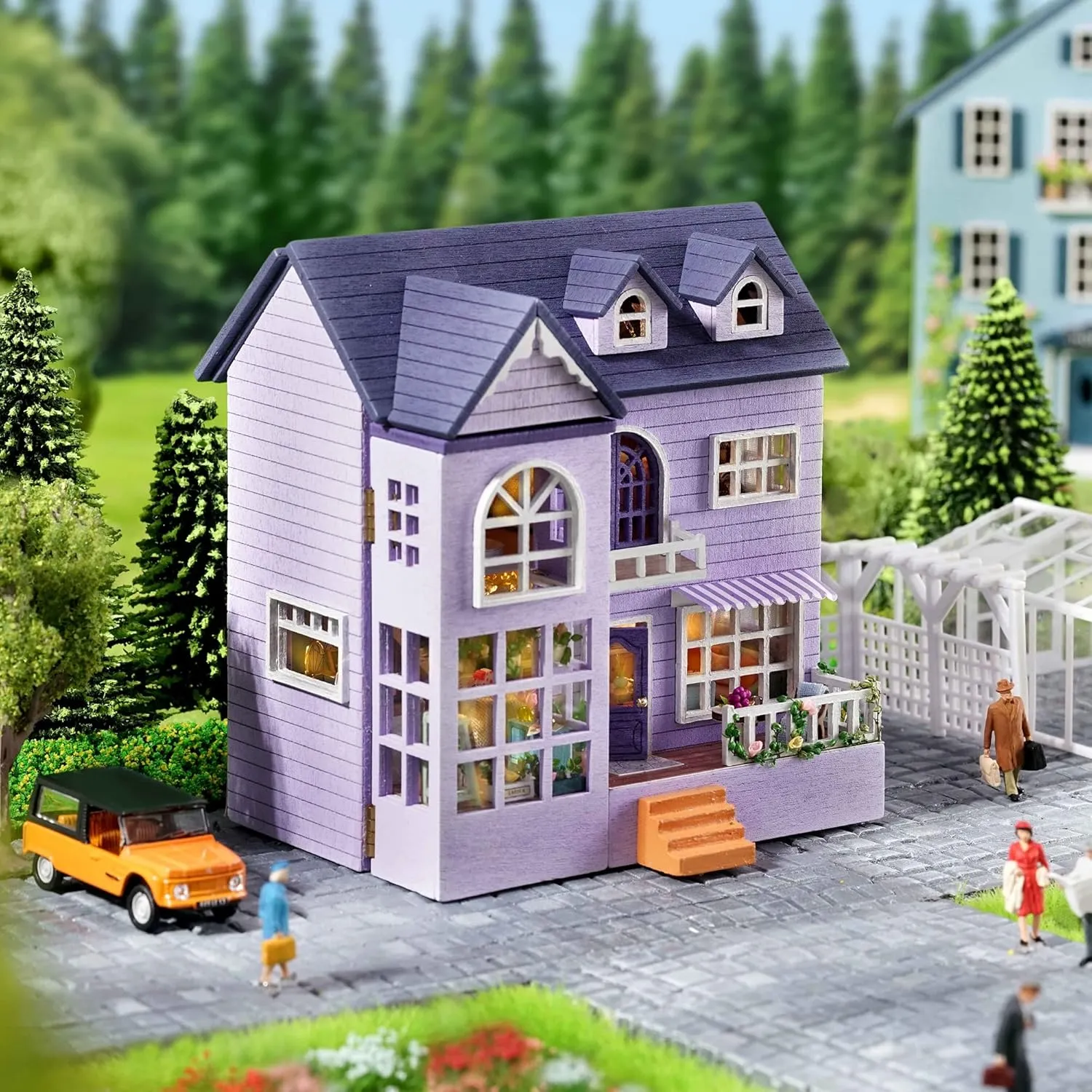Spilay Dollhouse DIY Miniature Wooden Furniture Kit,Mini Handmade Doll House with LED,1:24 Scale Creative Woodcrafts Toys for Adult Friend Lover Birthday Gift D32