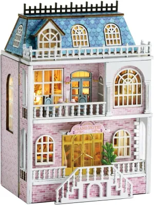 Spilay Dollhouse DIY Miniature Wooden Furniture Kit,Mini Handmade Doll House with LED,1:24 Scale Creative Woodcrafts Toys for Adult Friend Lover Birthday Gift