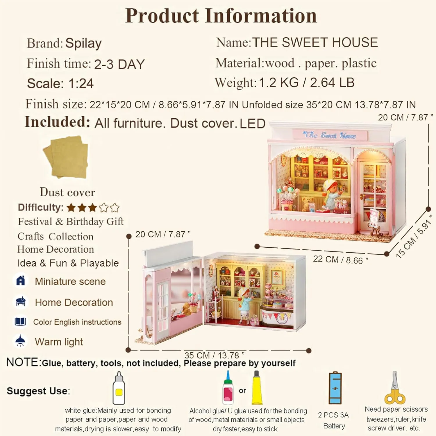 Spilay Dollhouse Miniature with Furniture,DIY Wooden Crafts Doll House Mini Handmade Kit with Dust Proof Cover and Music Movement,1:24 Scale Creative Room Idea Gift for Adult Friend Lover