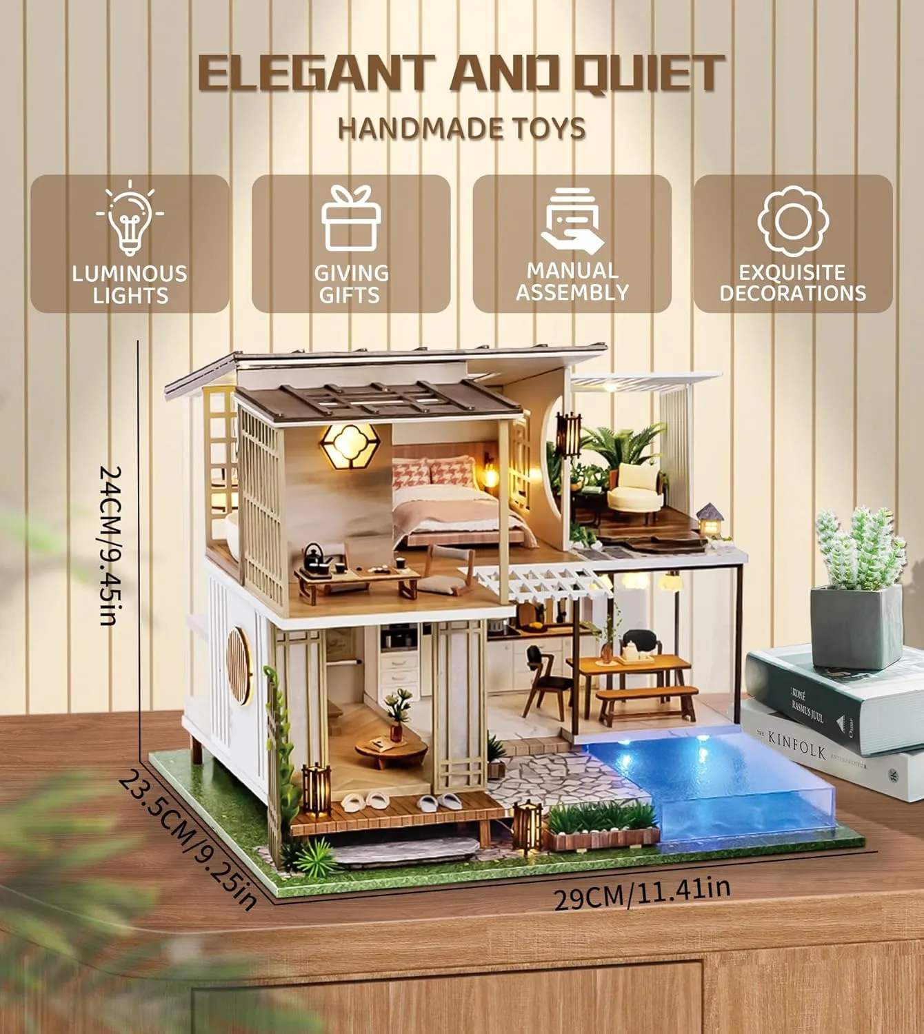 Spilay Dollhouse Miniature with Furniture,DIY Wooden Crafts Doll House Mini Handmade Kit,1:24 Scale Creative Room Idea Gift for Adult Friend Lover (Elegant and Quiet with dust Cover Music Box)