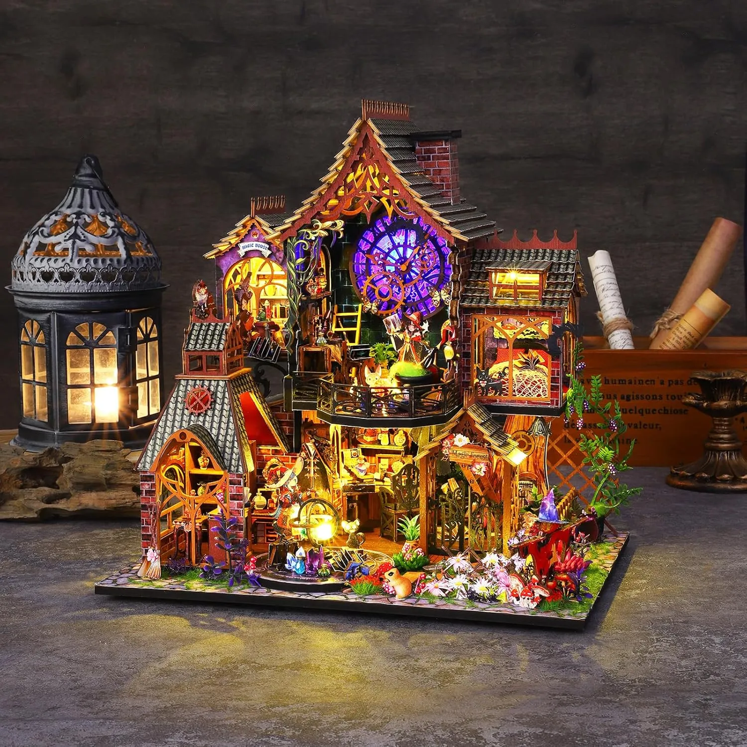 Spilay Dollhouse Miniature with Furniture,DIY Wooden Crafts Doll House Mini Handmade Kit,1:24 Scale Creative Room Idea Gift for Adult Friend Lover (Magic Forest with Dust Cover Music Box)