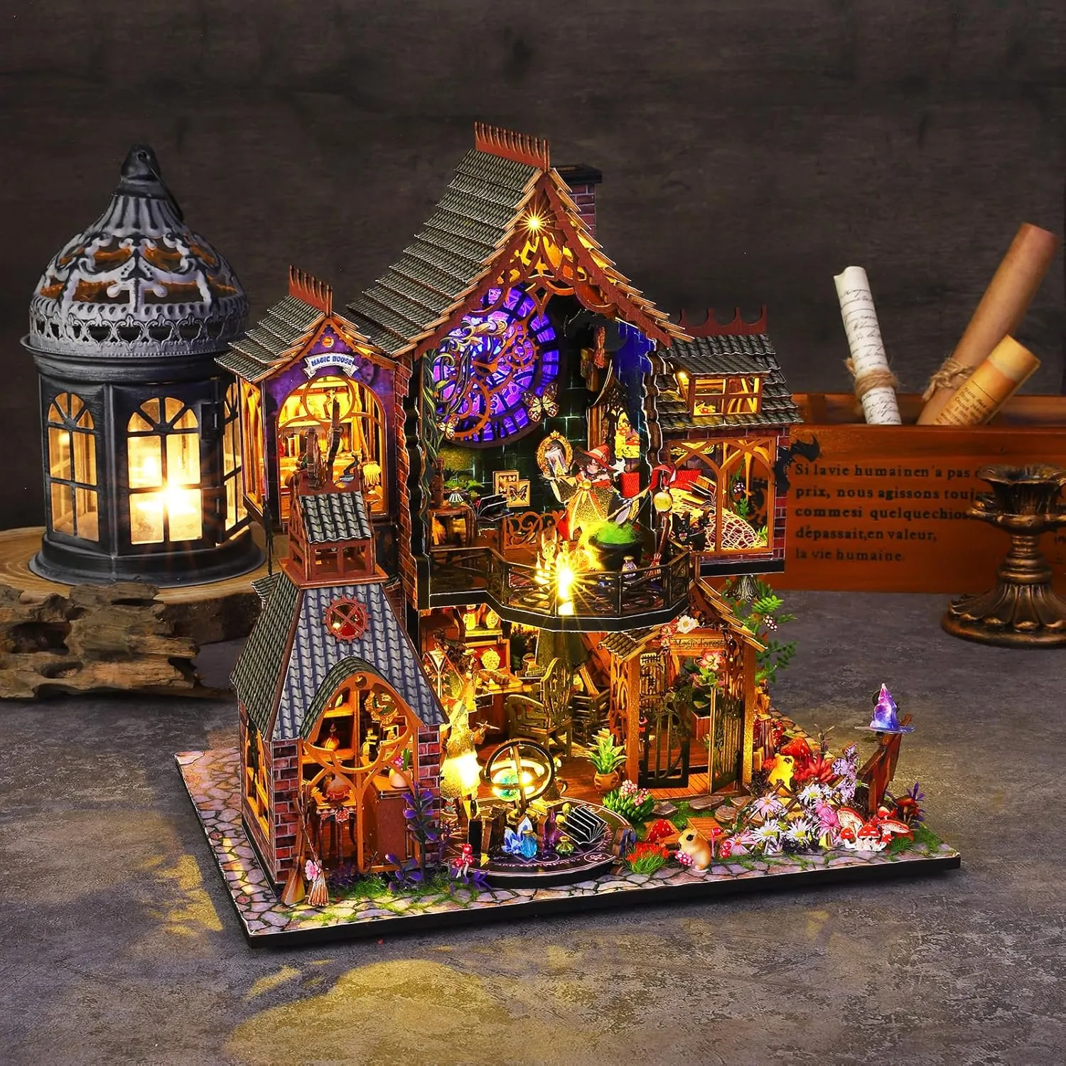 Spilay Dollhouse Miniature with Furniture,DIY Wooden Crafts Doll House Mini Handmade Kit,1:24 Scale Creative Room Idea Gift for Adult Friend Lover (Magic Forest with Dust Cover Music Box)