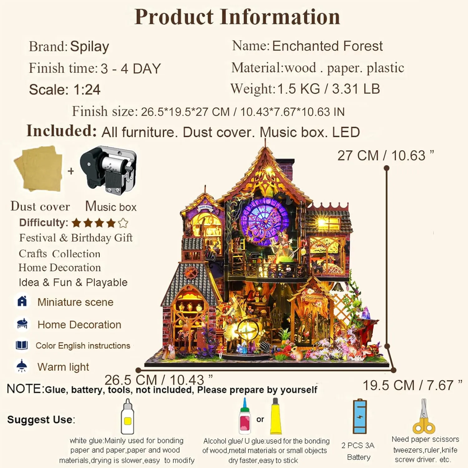 Spilay Dollhouse Miniature with Furniture,DIY Wooden Crafts Doll House Mini Handmade Kit,1:24 Scale Creative Room Idea Gift for Adult Friend Lover (Magic Forest with Dust Cover Music Box)