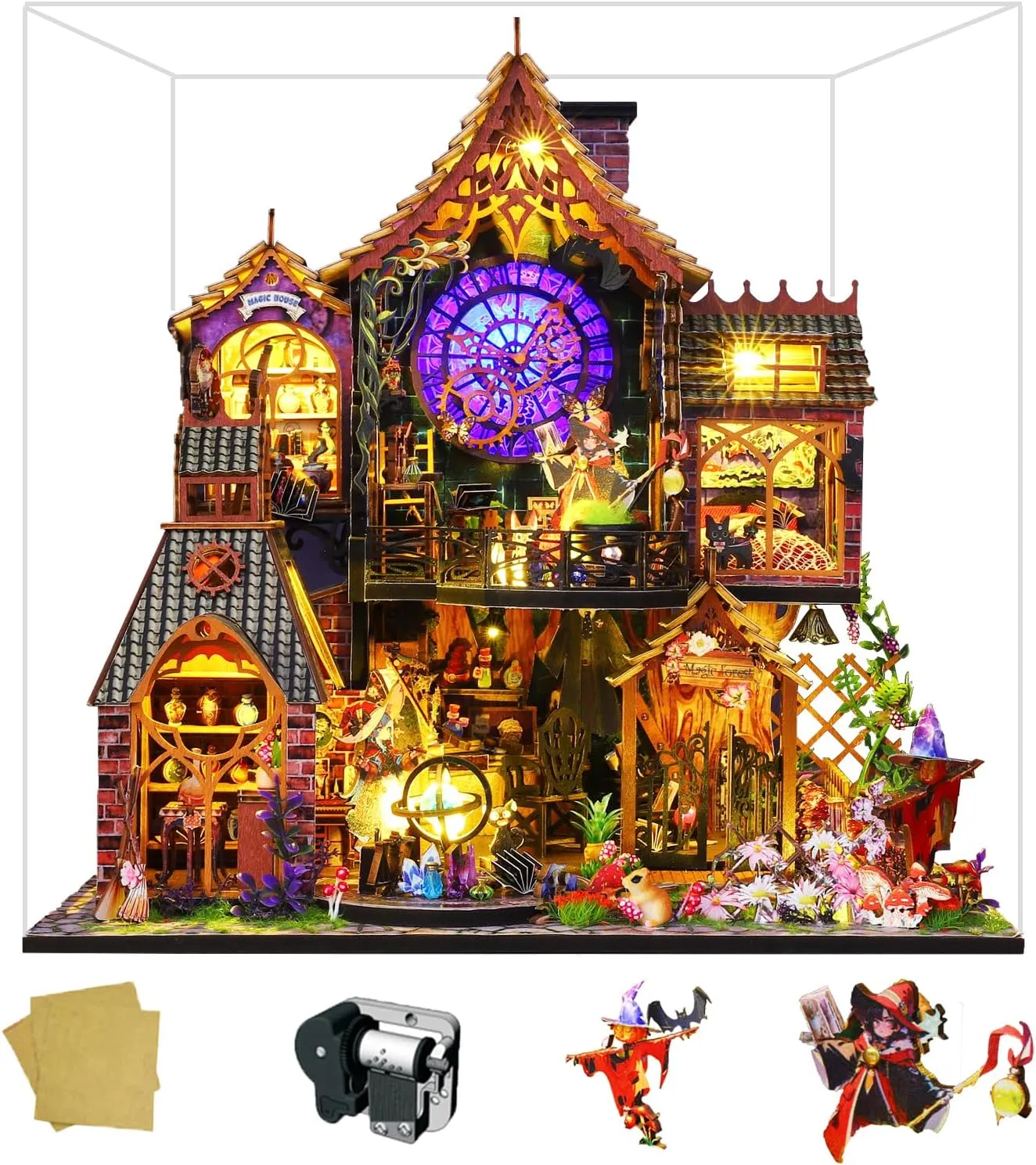 Spilay Dollhouse Miniature with Furniture,DIY Wooden Crafts Doll House Mini Handmade Kit,1:24 Scale Creative Room Idea Gift for Adult Friend Lover (Magic Forest with Dust Cover Music Box)