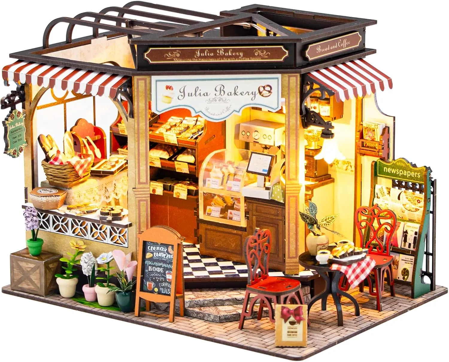Spilay Dollhouse Miniature with Furniture,DIY Wooden Crafts Magic Doll House Mini Handmade Kit,1:24 Scale Creative Room Idea Gift (Julia Bakery Dust Cover Music Box)