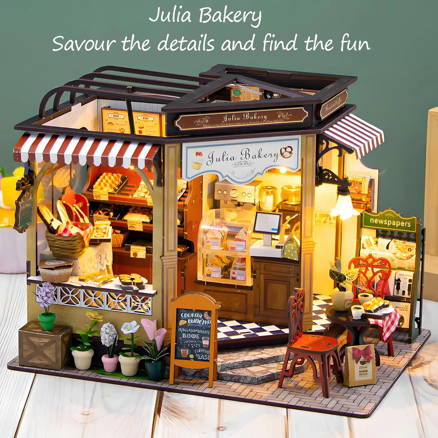 Spilay Dollhouse Miniature with Furniture,DIY Wooden Crafts Magic Doll House Mini Handmade Kit,1:24 Scale Creative Room Idea Gift (Julia Bakery Dust Cover Music Box)