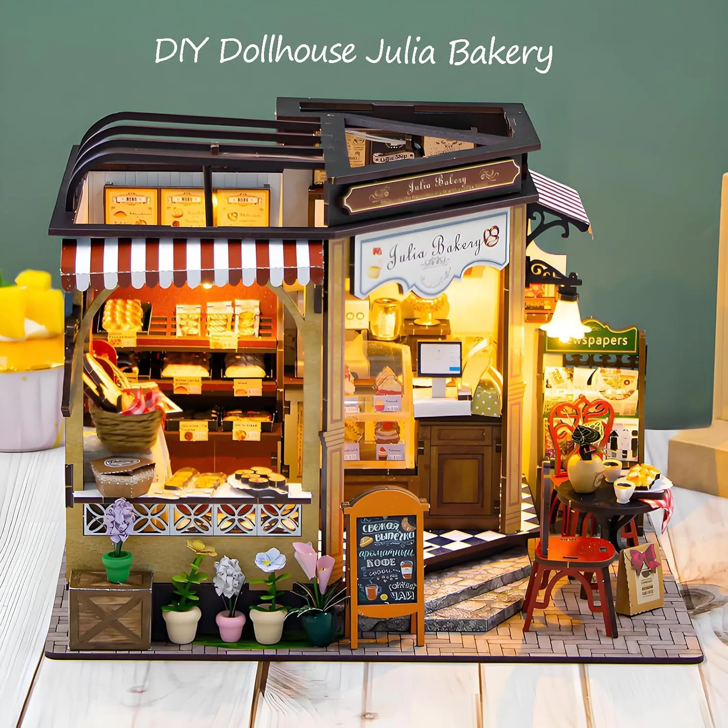Spilay Dollhouse Miniature with Furniture,DIY Wooden Crafts Magic Doll House Mini Handmade Kit,1:24 Scale Creative Room Idea Gift (Julia Bakery Dust Cover Music Box)