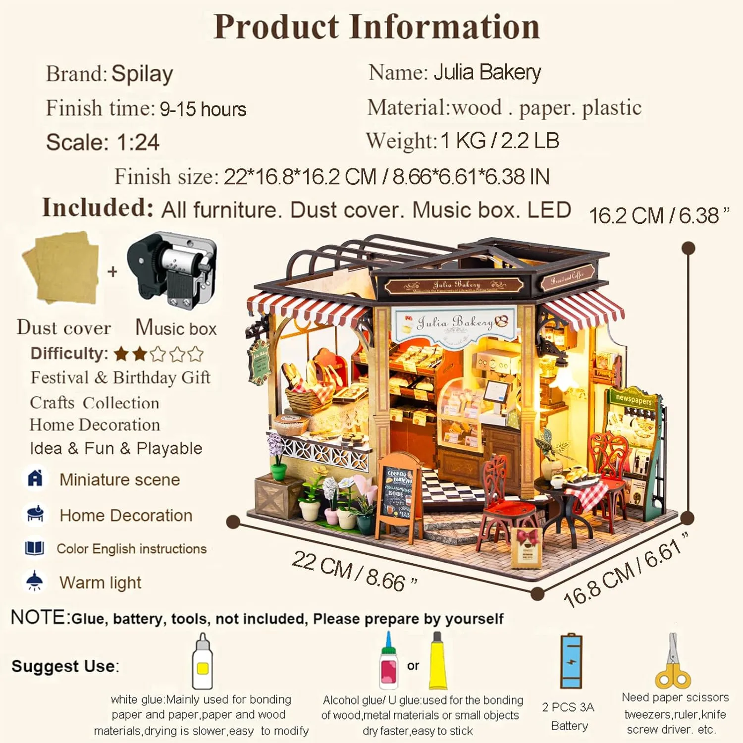 Spilay Dollhouse Miniature with Furniture,DIY Wooden Crafts Magic Doll House Mini Handmade Kit,1:24 Scale Creative Room Idea Gift (Julia Bakery Dust Cover Music Box)