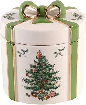 Spode Christmas Tree Gift Box Figurine, 5" Christmas Centerpiece with Green Ribbon & Gold Trim - Fine Earthenware for Holiday Home Decor, Festive Table Collectible & Winter (Large)
