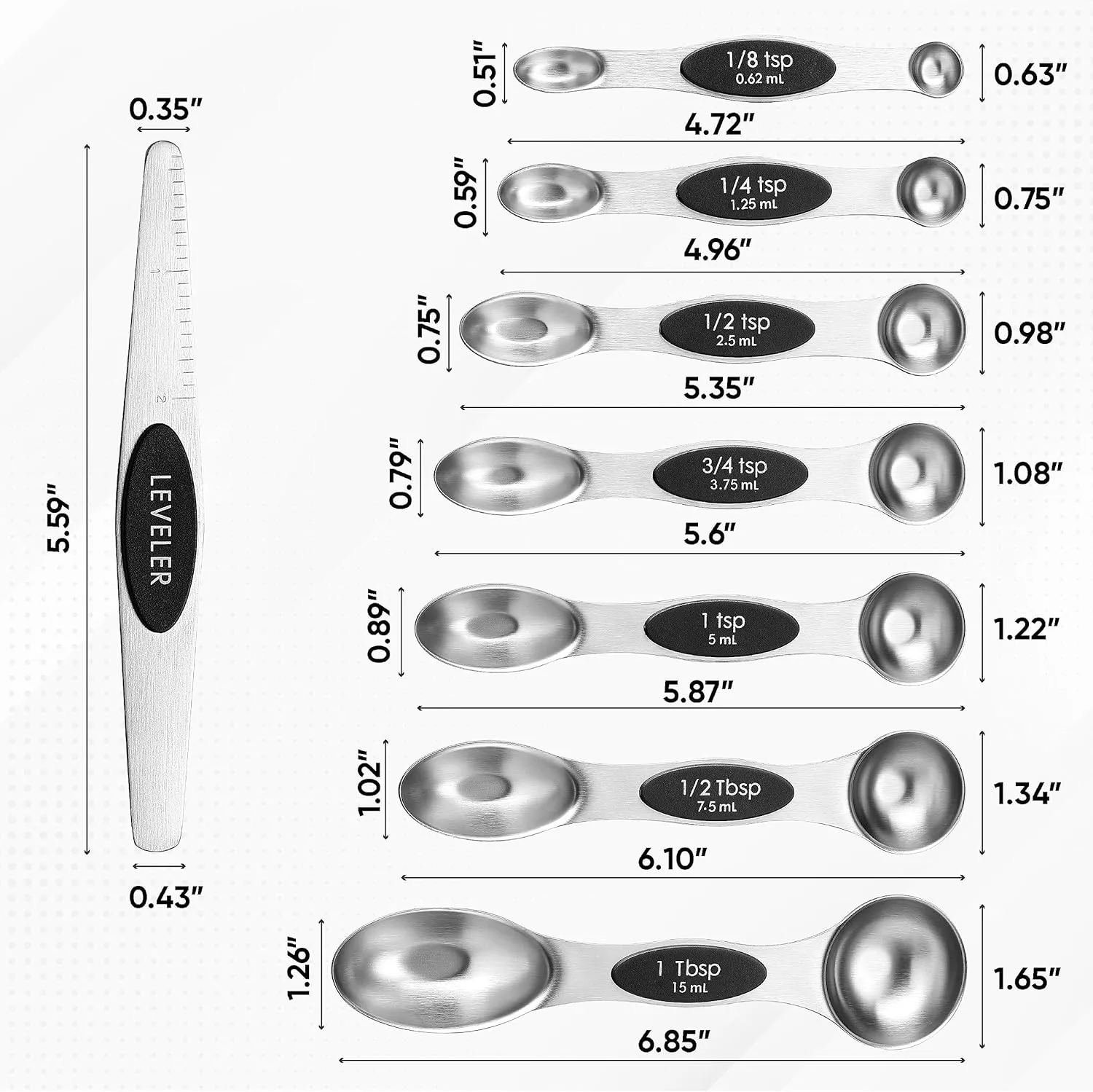 Spring Chef Magnetic Measuring Cups & Spoons Set (Patent Pending), Strong N45 Magnets, Heavy Duty Stainless Steel Fits in Spice Jars for Baking & Cooking, BPA Free, Round Set of 15 with Leveler, Black
