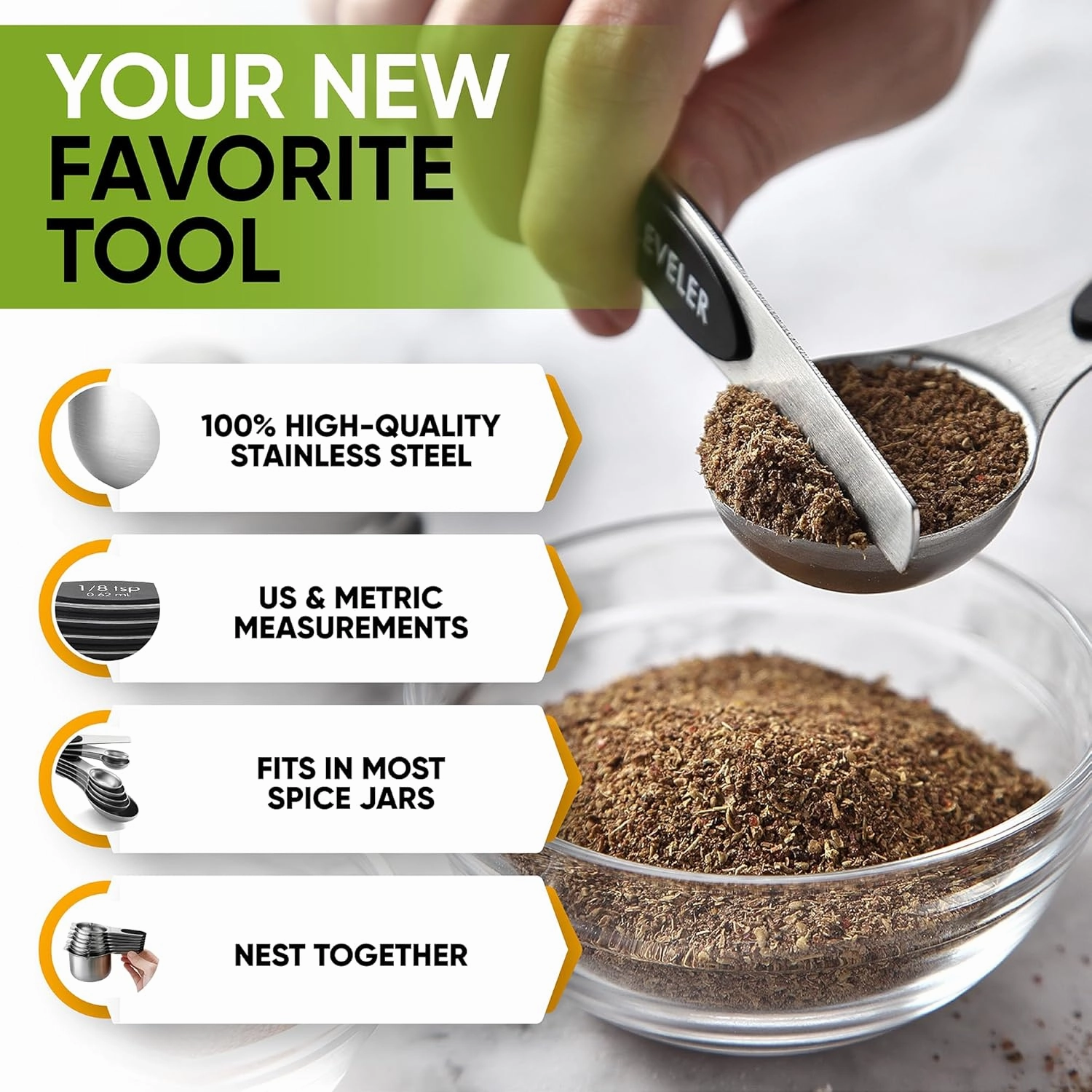 Spring Chef Magnetic Measuring Cups & Spoons Set (Patent Pending), Strong N45 Magnets, Heavy Duty Stainless Steel Fits in Spice Jars for Baking & Cooking, BPA Free, Round Set of 15 with Leveler, Black