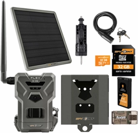 SPYPOINT FLEX-G36 Cellular Trail Camera Bundle: 36MP Photos, 1080p Videos w/Sound, Rechargeable Lithium Battery, 32GB MicroSD, Solar Panel, Cable Lock, SB-500S Lock Boxes, MA-500 Mount, Card Reader