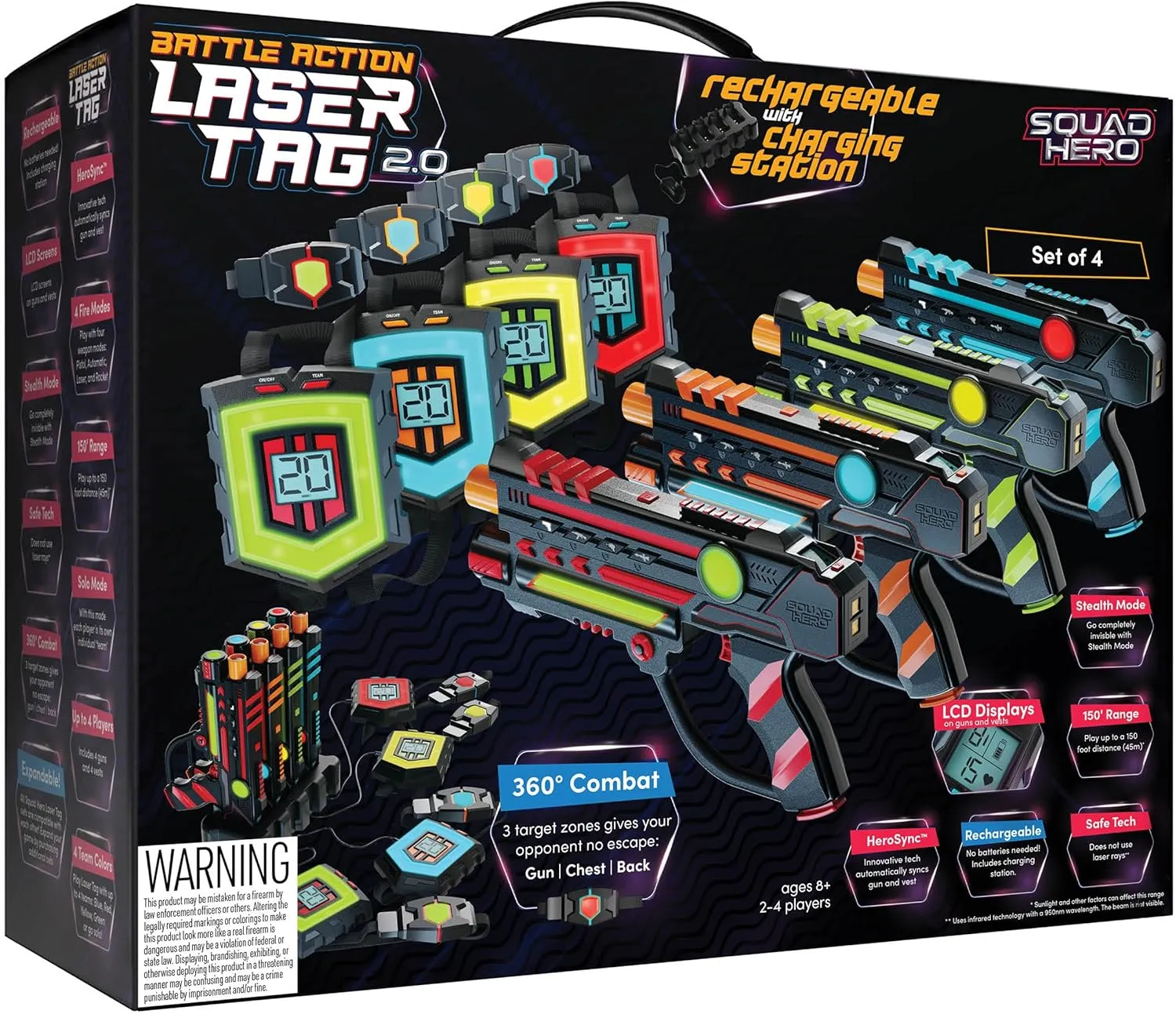 Squad Hero Rechargeable Laser Tag 360° Sensors   LCDs - Set of 4 - Easter Gift Ideas for Kids Teens and Adults Boys & Girls Family Fun - Cool Teenage Lazer Group Activity, Teen Gifts Ages 8  Year Old