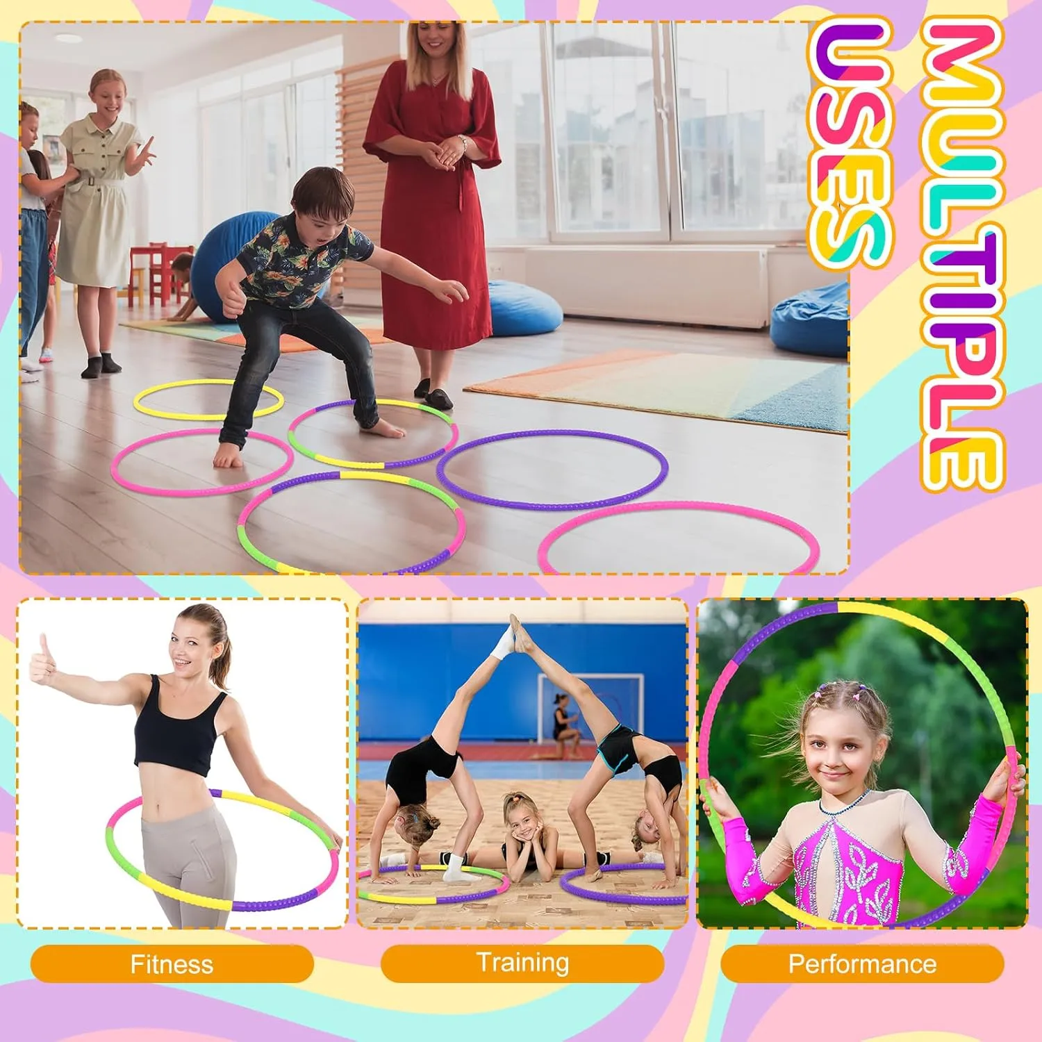 Sratte 12 Pcs Toy Hoop for Kid Detachable Adjustable Toy Hoop Colored Hoop Exercise Ring Plastic Circle for Kid Teen Gymnastics Dog Agility Equipment, Require Self Assembly(Simple Colors, 8 Inch)