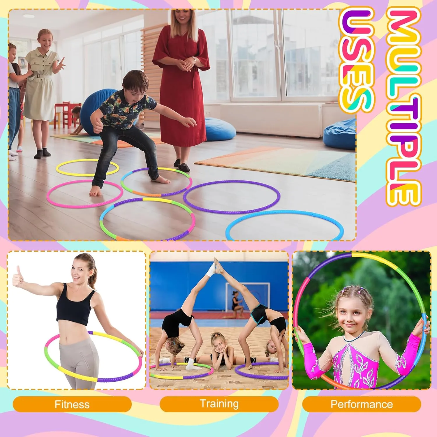 Sratte 6 Pcs Exercise Hoop Detachable Adjustable Plastic Hoops Snap Together Toy Ring Color Playground Toys for Girls and Boys Party Games, Sports, Exercise, Dog Training(28 Inch,Simple Colors)