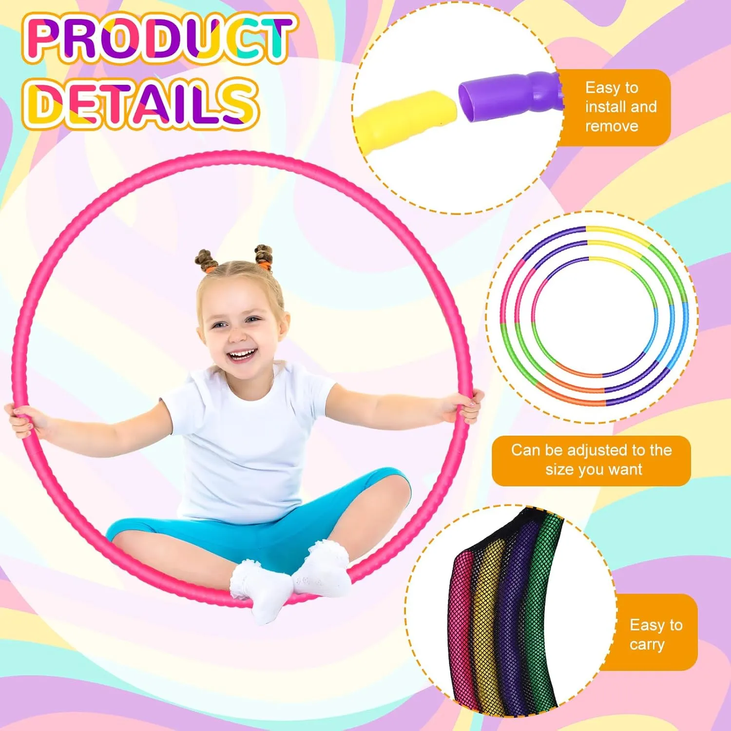 Sratte 6 Pcs Exercise Hoop Detachable Adjustable Plastic Hoops Snap Together Toy Ring Color Playground Toys for Girls and Boys Party Games, Sports, Exercise, Dog Training(28 Inch,Simple Colors)