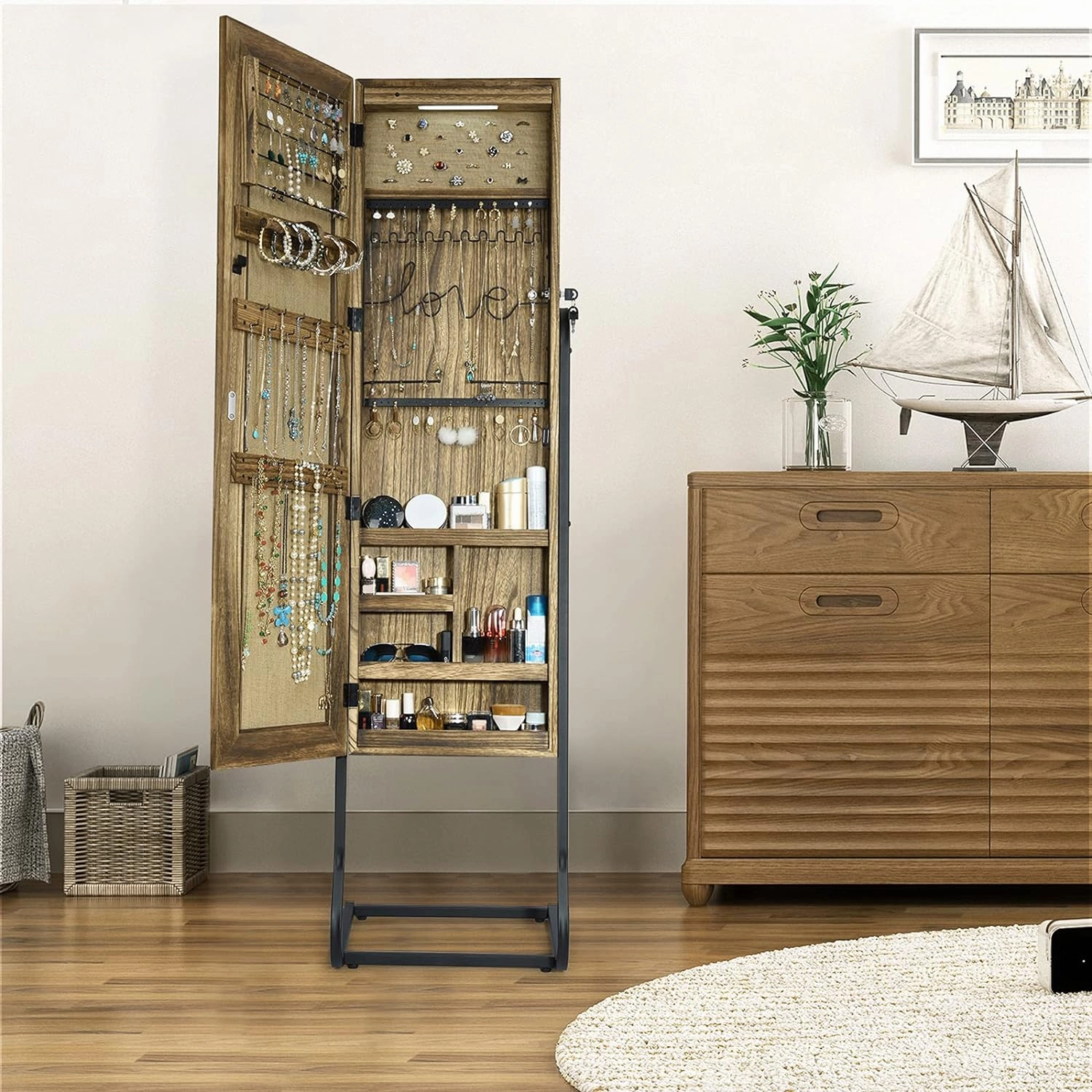 SRIWATANA Jewelry Armoire Cabinet, Solid Wood Standing Jewelry Organizer with Full Length Mirror (Carbonized Black)