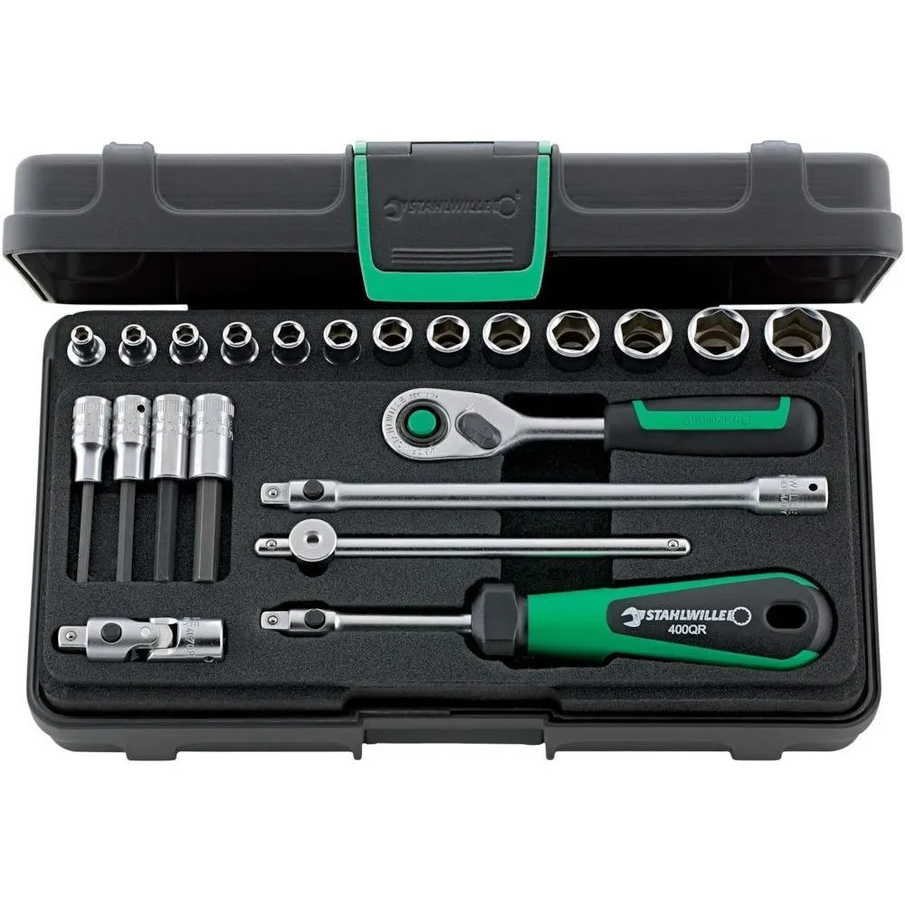 Stahlwille 96011181 22-Piece Socket Set with Quick Release Ratchet, Includes 1/4" Hex and Inhex Sockets (3mm-13mm), Stored in Durable ABS Case, Ideal for Heavy-Duty Applications, Made in Germany